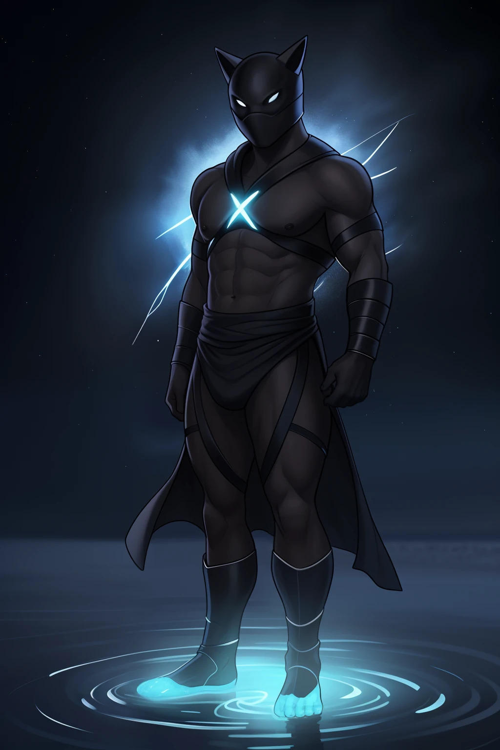 Create an image of a black ninja after an apocalypse in the future full-body shot, Olhos firmes, olhando para frente, Lightning in the sky, arms extended, olhando para frente, parado no topo de uma montanha, manto e capa vermelhos, cruz brilhante no ar. ,Arte Luz Neon, no escuro da noite, Um navio alto navega pelos mares iluminados pela ,..lua, estrelas, Colouring, circunstanciado, 4k