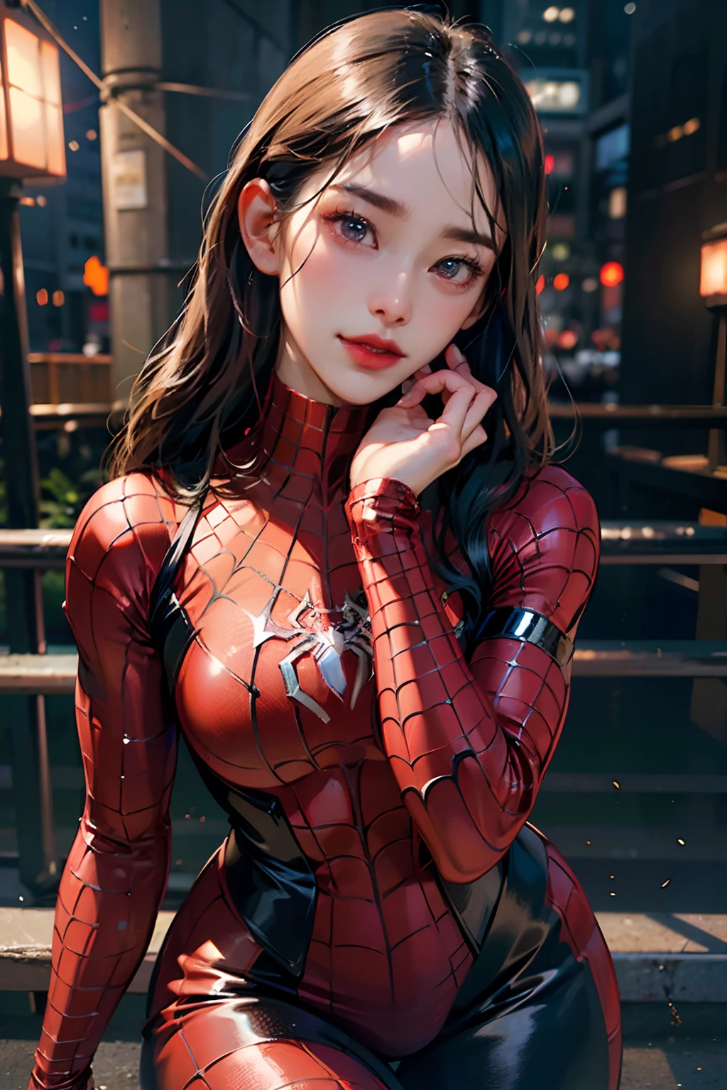 (absurdres,ultra highres,highly detailed), 1girl,mature female,(Japanese woman),(realistic:1.4),(Wear Female Spider-Man_cosplay_outfit:1.1), Sky front, nice hand,perfect anatomy,8k, (best qualtiy), head:1.3, finelydetailedskin, tack sharp focus,night,softlighting，dynamic angle,(highly detailed face:1.2)，(flat chest:1.3),takeout，The clothes are white, black and red,(beautiful detailed eyes),large iris,(brown eyes),straight eyebrows,droopy eyes,thick eyebrows,low eyebrows,(thick lips:1.2),(parted lips:1.2),(glossy lips),(lipstick),(muscular:1.25),(tall body:1.1),((curvy hips)),(round hips)),(slender),((wide forehead)),((pulled back hair)),braid,(black medium hair),(pale skin)