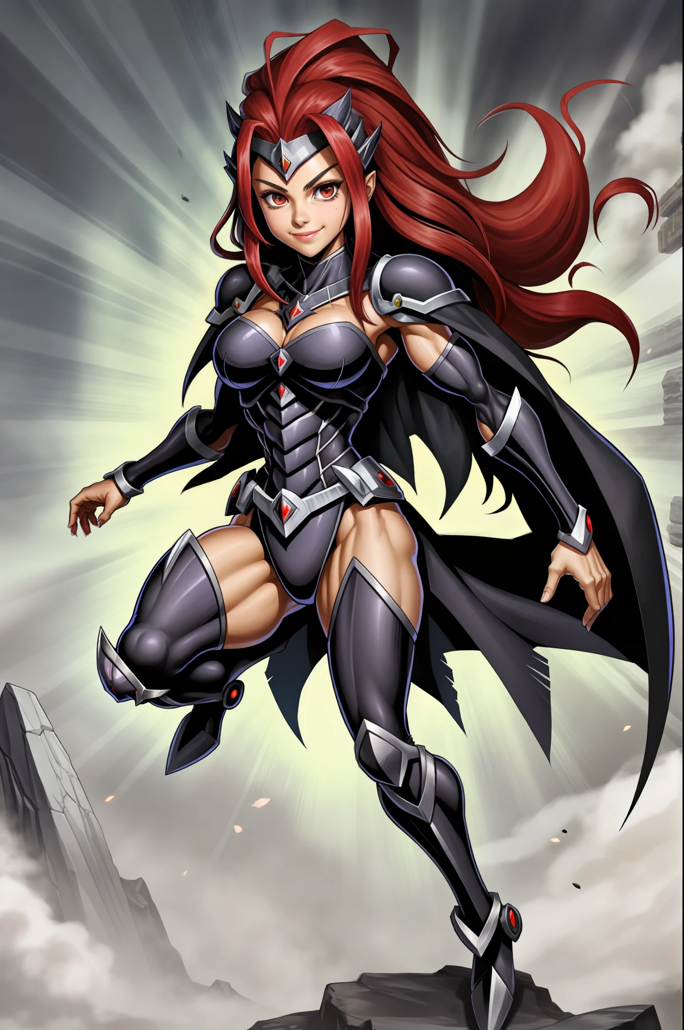 dark edgy; muscle female, knight, cape, superhero, , cute girl, big breast, smile, blush, full body, amazone long hair, red hair, divine, goddess