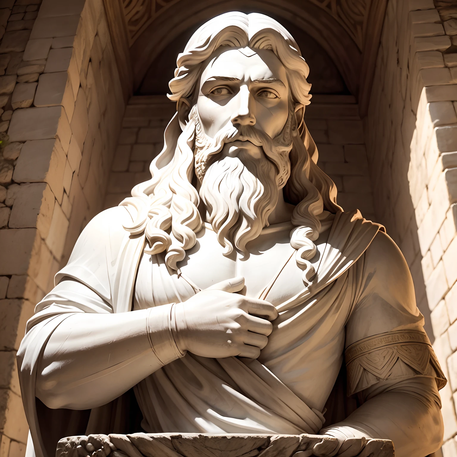 White roman statue wearing an old fort toga with long hair and a black beard