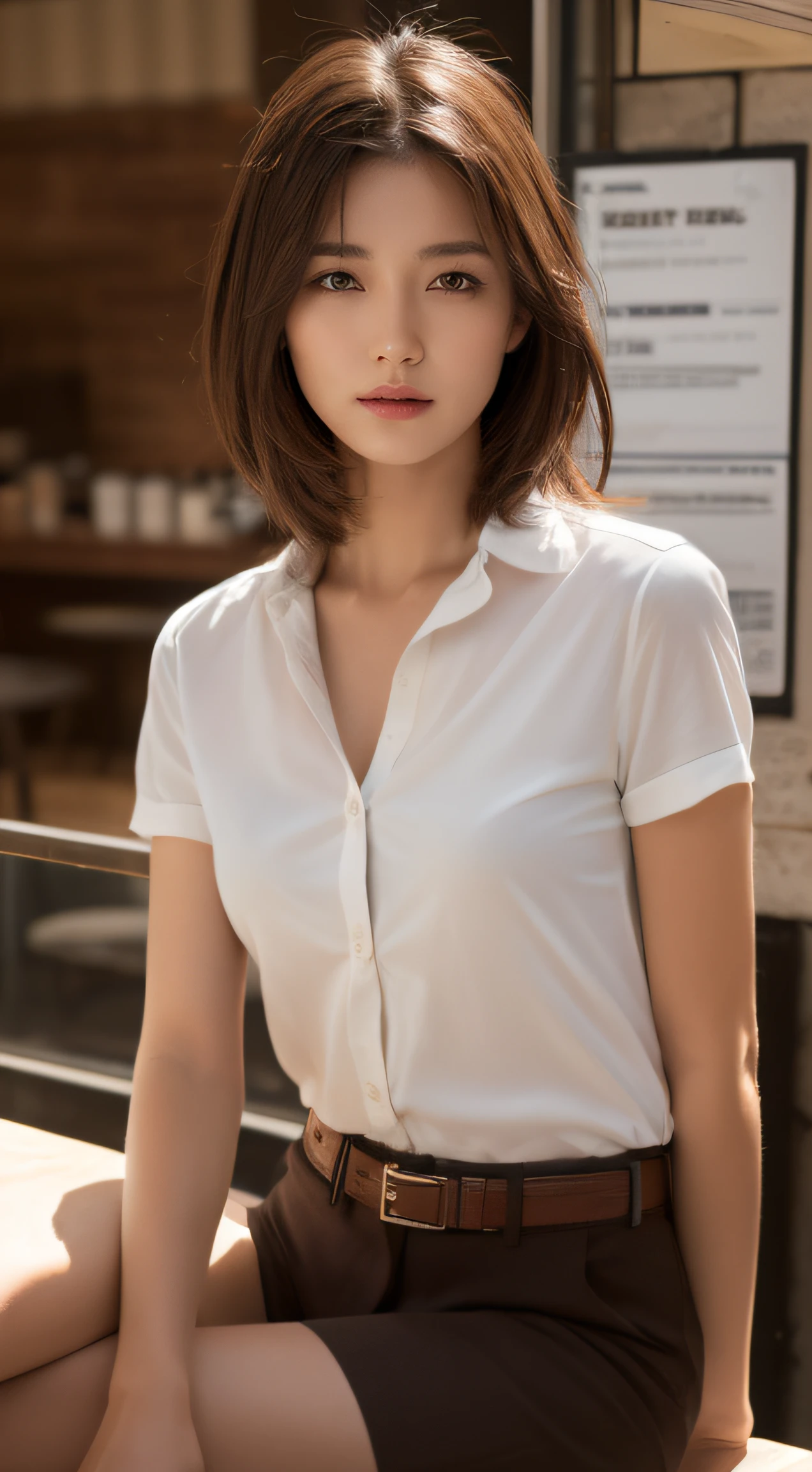 ((highest quality、8k、masterpiece: 1.3))、Perfect body beauty: 1.4、Slim Abs: 1.2、beautiful woman with slim abs:1.3、(Highlight Haircut、Breast A cup:1.2), Small breasts, Round shaped breasts, Perfectly shaped breasts, (((loose sheer shirt))), (good, ), Simple Necklace, Ultra detailed face、18-year-old、 Beautiful woman、(Dark brown shortcuts), Slim face、Highly detailed face and skin texture、Highly detailed lips、Spread your legs、highest quality、masterpiece、超A high resolution、(Photorealistic:1.4), I walked with confidence, Open your arms, Long Shot , (Outdoor), Light background, Sunset Light,

((News program studio, Open glass windows:1.2)),
((Beautiful female announcer,White blouse,Tight skirt:1.5)), 
((A gaze that seduces men, Unbutton all the buttons in the front of your blouse:1.5)),
((Gorgeous Earrings, Silver Necklace)), 
((Bright lighting, Foliage plant:1.2)),

Ultra-detailed skin, Fair skin, Glossy Skin, Ultra detailed face, 
Slim face contour, Beautiful small face, Beautiful straight nose, 
Ultra-detailed eyes, Slit eyes, Brown eyes, double eyelid, Ultra-thin eyebrows, Thin, long eyelashes, 
Ultra-detailed lips, Plump and moisturized lips, glossy pink lips, Flushed Cheeks, ((White beautiful teeth)), 
Beautiful actress&#39;s ennui makeup, Pink lipstick, 
Dark Brown Hair, Delicate soft hair, Hair blowing in the wind, 
(Put your hair up, Medium Short Hair, ponytail:1.2), 
Layered Cut, (Blunt bangs:1.2), 
Cute smile, Mouth half open, A dreamy look, ((Staring at the viewer)), 
(((Photorealism,Shoot the whole body from the thighs:1.2))), ((The body is facing sideways)), 
Dynamic Lighting, 