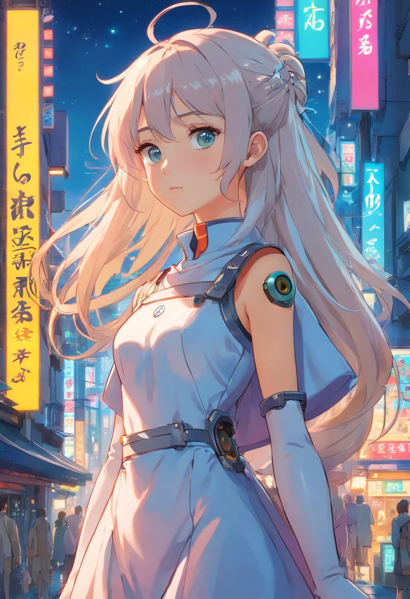 the best quality, high resolution, detaillierter 8k CG, Meisterwerk, Erstaunliche Kunst, Feine Details, Hohe Detailgenauigkeit, Komplexe Details, Lange Haare, Girlish feeling, Big watery eyes with stars in them, reines Verlangen, bezaubernd, Young and beautiful, unsterblich，Fliegen ,,Licht und Schatten, Licht，Beautiful clothes，Meer，Cyberpunk, Mecha Girl, Mechanical body