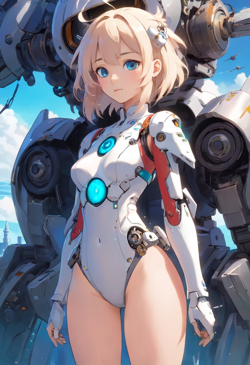 the best quality, high resolution, detaillierter 8k CG, Meisterwerk, Erstaunliche Kunst, Feine Details, Hohe Detailgenauigkeit, Komplexe Details, Lange Haare, Girlish feeling, Big watery eyes with stars in them, reines Verlangen, bezaubernd, Young and beautiful, unsterblich,Fliegen ,,Licht und Schatten, Licht,Beautiful clothes,Meer,Cyberpunk, Mecha Girl, Mechanical body