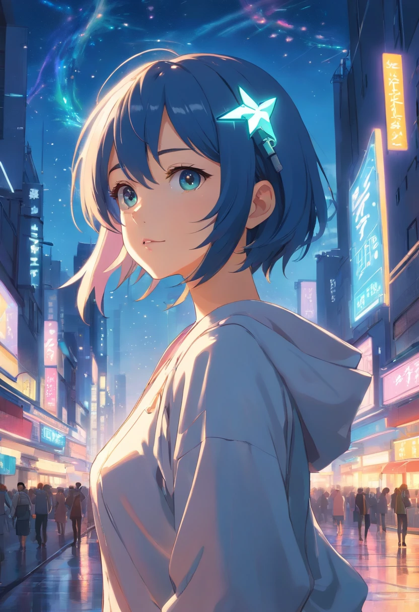 the best quality, high resolution, detaillierter 8k CG, Meisterwerk, Erstaunliche Kunst, Feine Details, Hohe Detailgenauigkeit, Komplexe Details, Lange Haare, Girlish feeling, Big watery eyes with stars in them, reines Verlangen, bezaubernd, Young and beautiful, unsterblich,Fliegen ,,Licht und Schatten, Licht,Beautiful clothes,Meer,Cyberpunk, Mecha Girl, Mechanical body