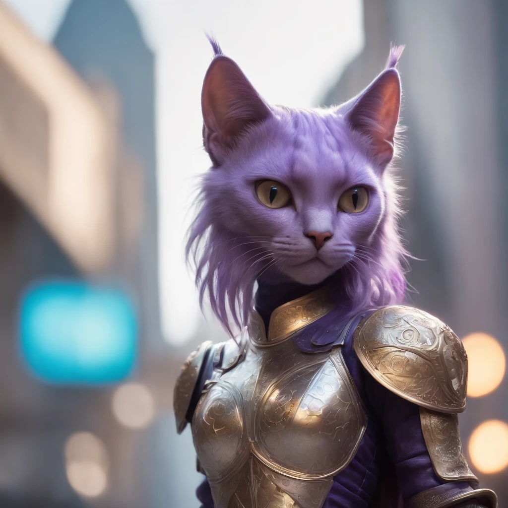 Close-up, expressionist painting-style portrait of a stylized purple haired fantasy cat wearing metallic armor and holding a magic wand, alien cyberpunk cityscape background, 4k ultra high definition, HDR lighting, cinematic color grading, intricate textures and patterns visible at microscopic level, sharp crisp edges, high polygon count