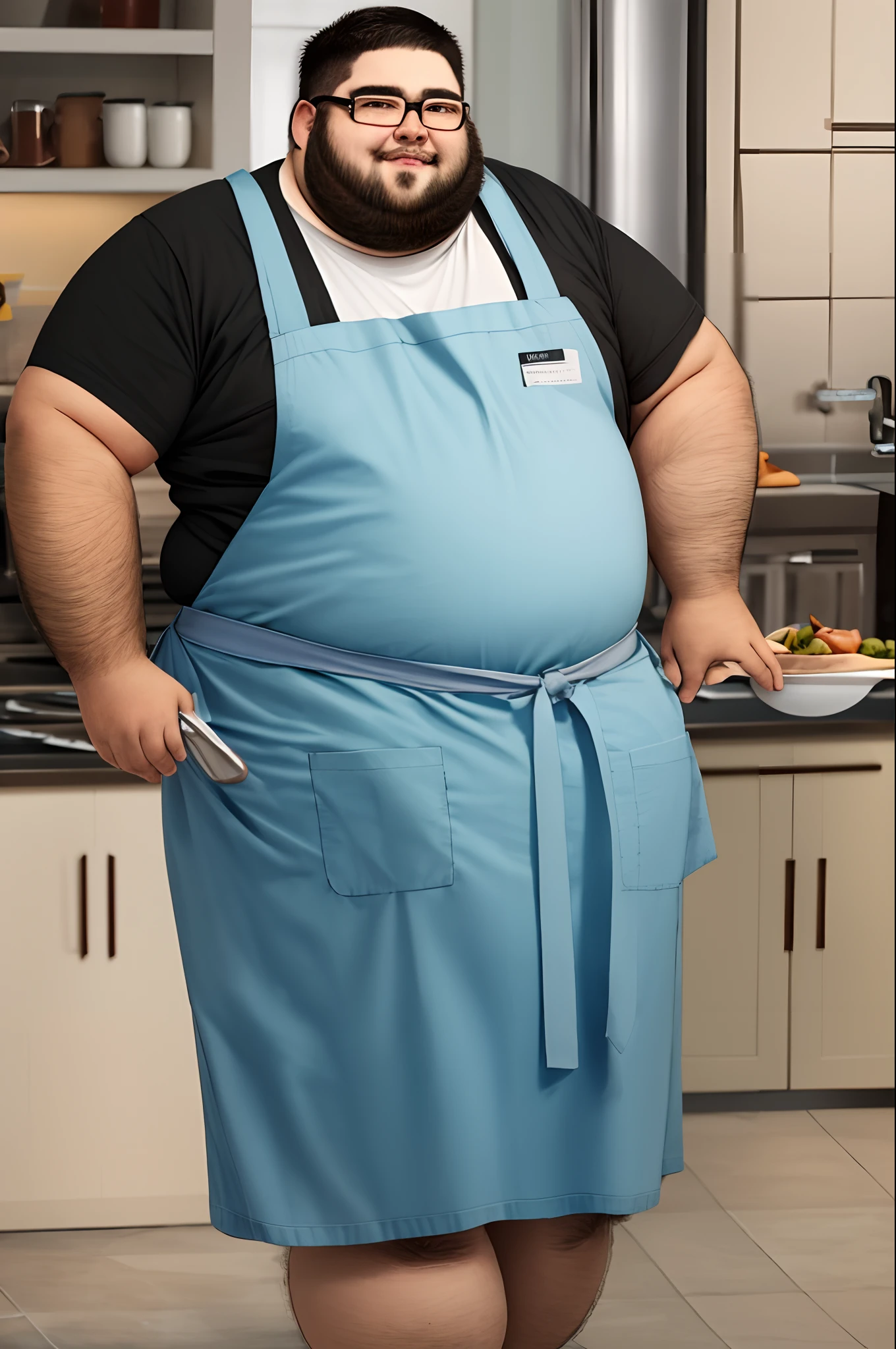 Fat man, with a beard, with glasses, with medium hair, with large breasts, with medium fat, white shorts, with an apron, with hair color: black, with hair on his belly