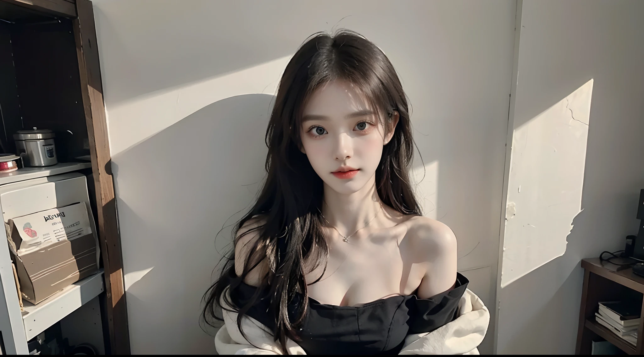 (High-resolution 8K raw photos are realistic,best qualtiy)，Fashion trendy beautiful and charming woman，gentle and charming Chinese beautiful woman，Korea,Kpop idol，delicate and sexy collarbones，charming oval face，二重まぶた，Ingenious[peaches]flower eyes，redish pink lips，small-nose，exposed bare shoulders，focus at face，closeup of face，Hyper-detailing，Blue off-the-shoulder long-sleeved top，White hip wrapped skirt，Light red hair，Background bokeh，cleavage，long leges，(Seven-doppelganger shot，中景 the scene is，Solo：1.4)，Lace，lacing，head gear， Fresh and impressive， natural color，Front light，Leaning against the wall，sitted，Princess chair，Body proportions are normal，Leaning together，Garbage heap，There is water on the ground，Swelling，There is a tattoo on the chest