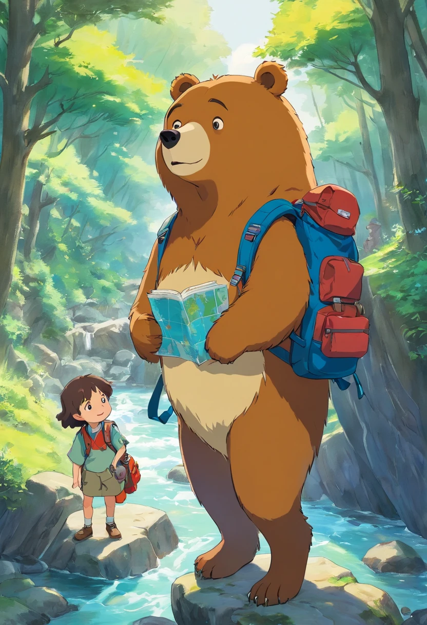 uma gracinha, Bear hugged beside a babbling creek, With a curious expression on his face, with a backpack on his back patched and a map in his hand scrawled with GIS;