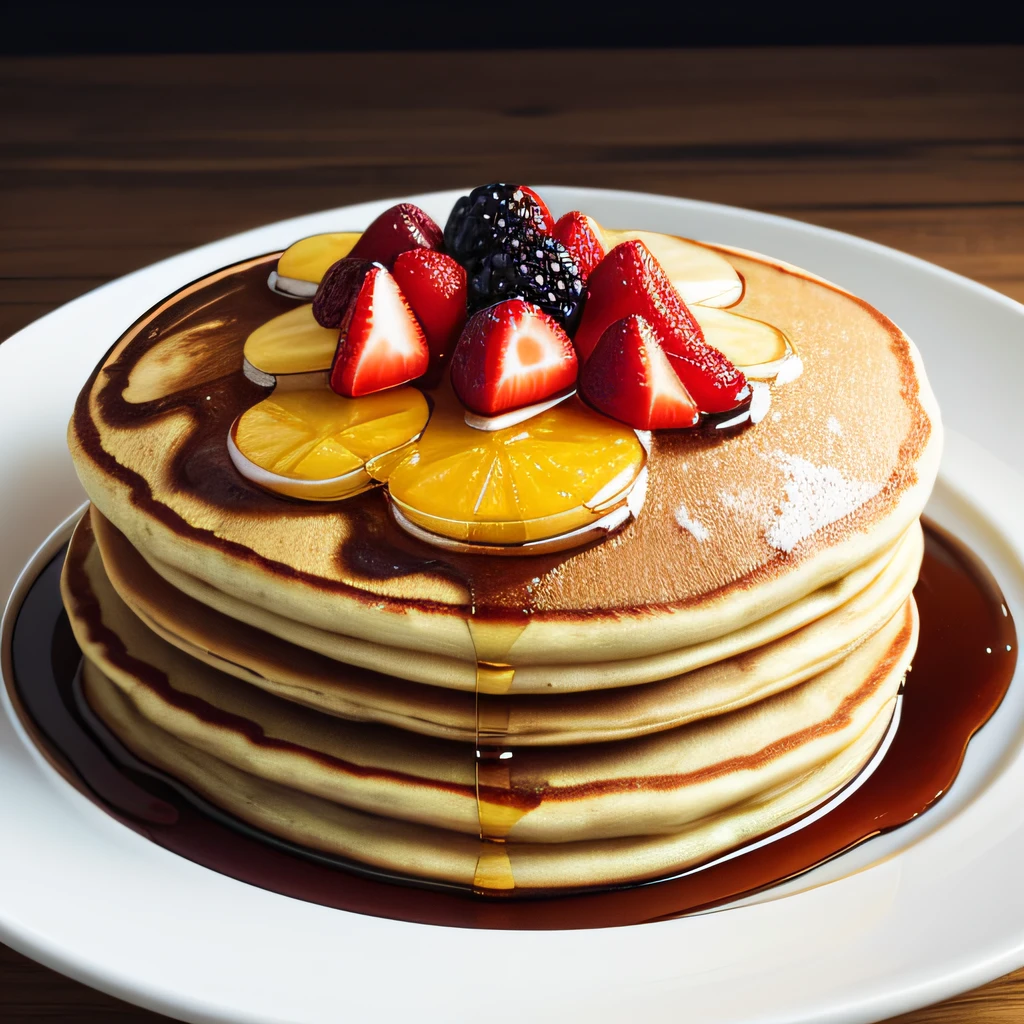 pancake,,syrup,Fruits are on it,Background white,masterpiece,top-quality,,Realistic,Photorealsitic,detailed face depiction,professional photograpy,There are no people