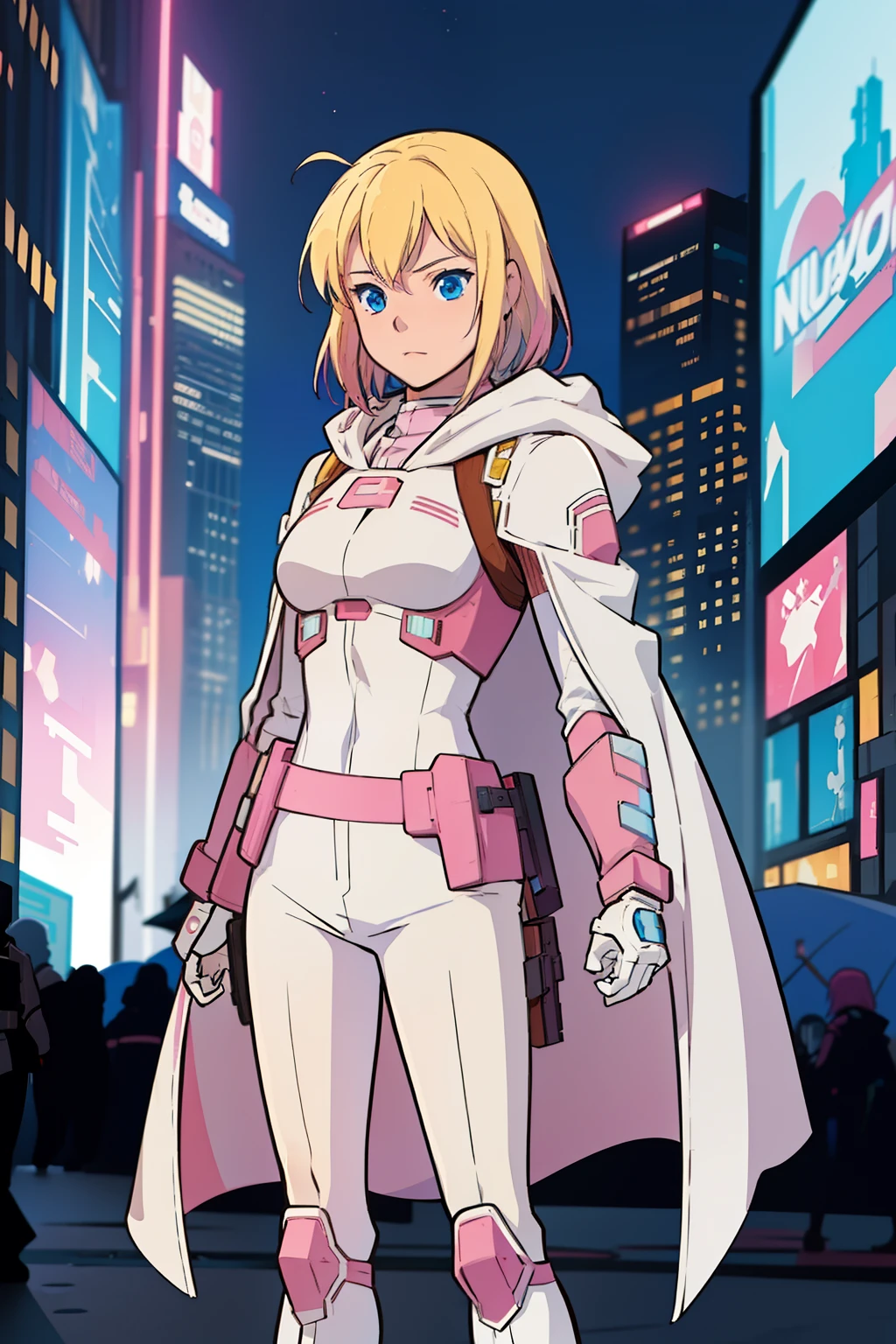 solo, 1girl, (masterpiece), ((16 year old appearance)), Blonde hair, Medium hair, blue eyes, anime girl, pink super hero uniform with white pants, cloak, small breasts, tech Gauntlet, cyberpunk city, nigth