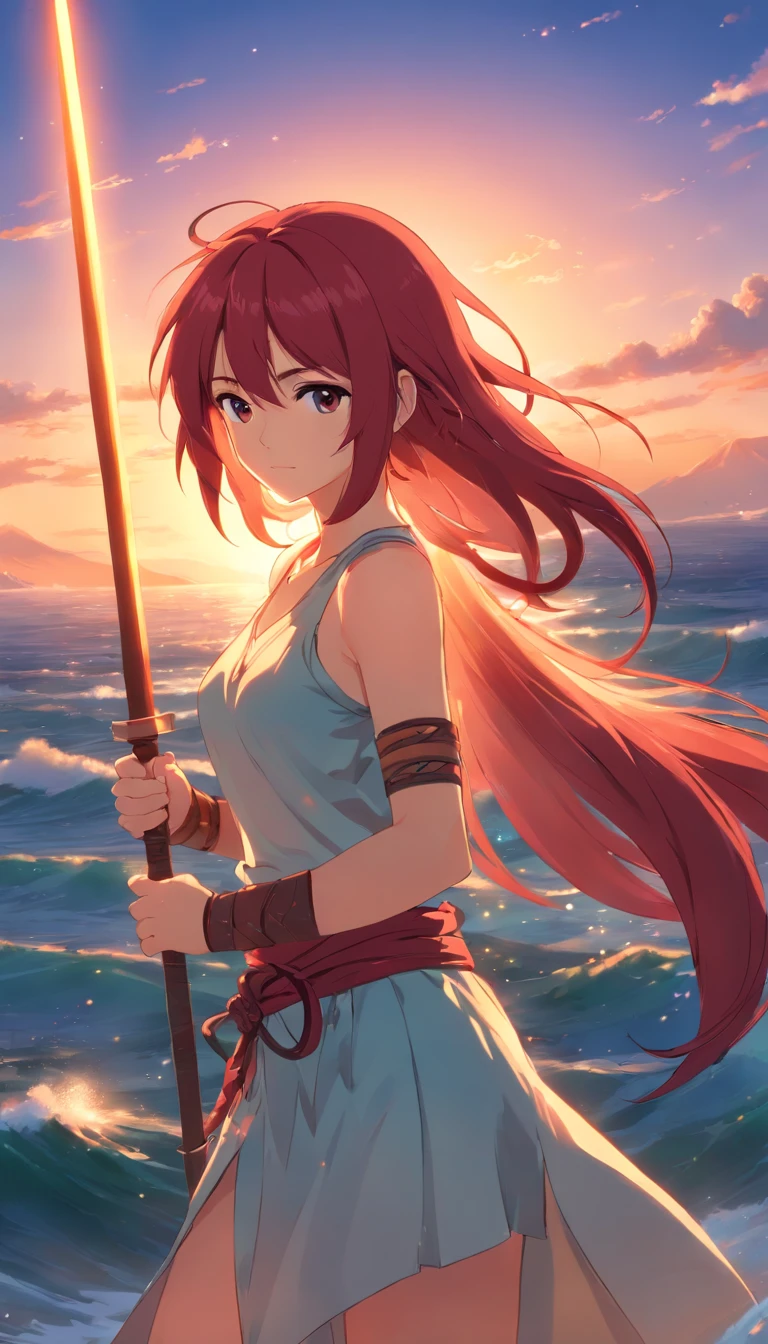 masterpiece, best quality, movie still, a beautiful female warrior holding a spear, with a long red hair, bright, warm soft lighting, sunset, (sparks:0.7)