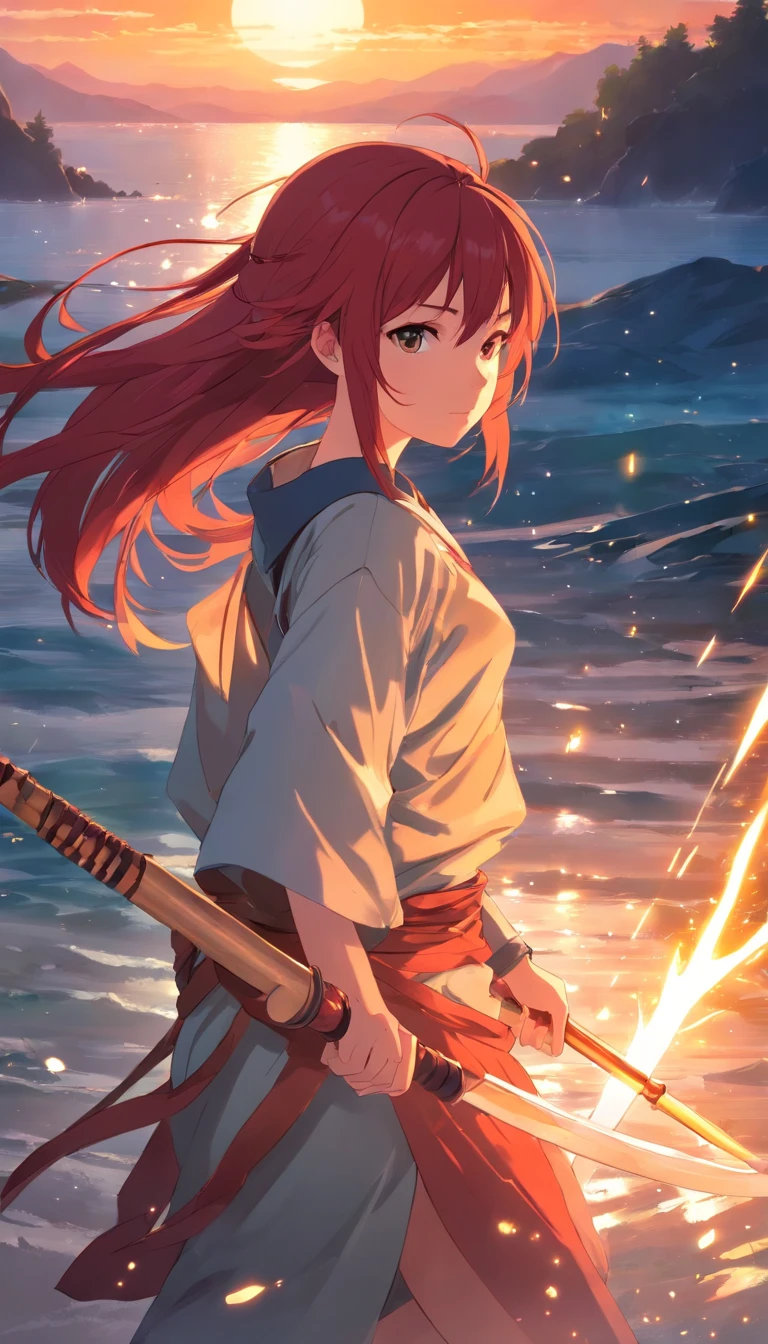masterpiece, best quality, movie still, a beautiful female warrior holding a spear, with a long red hair, bright, warm soft lighting, sunset, (sparks:0.7)