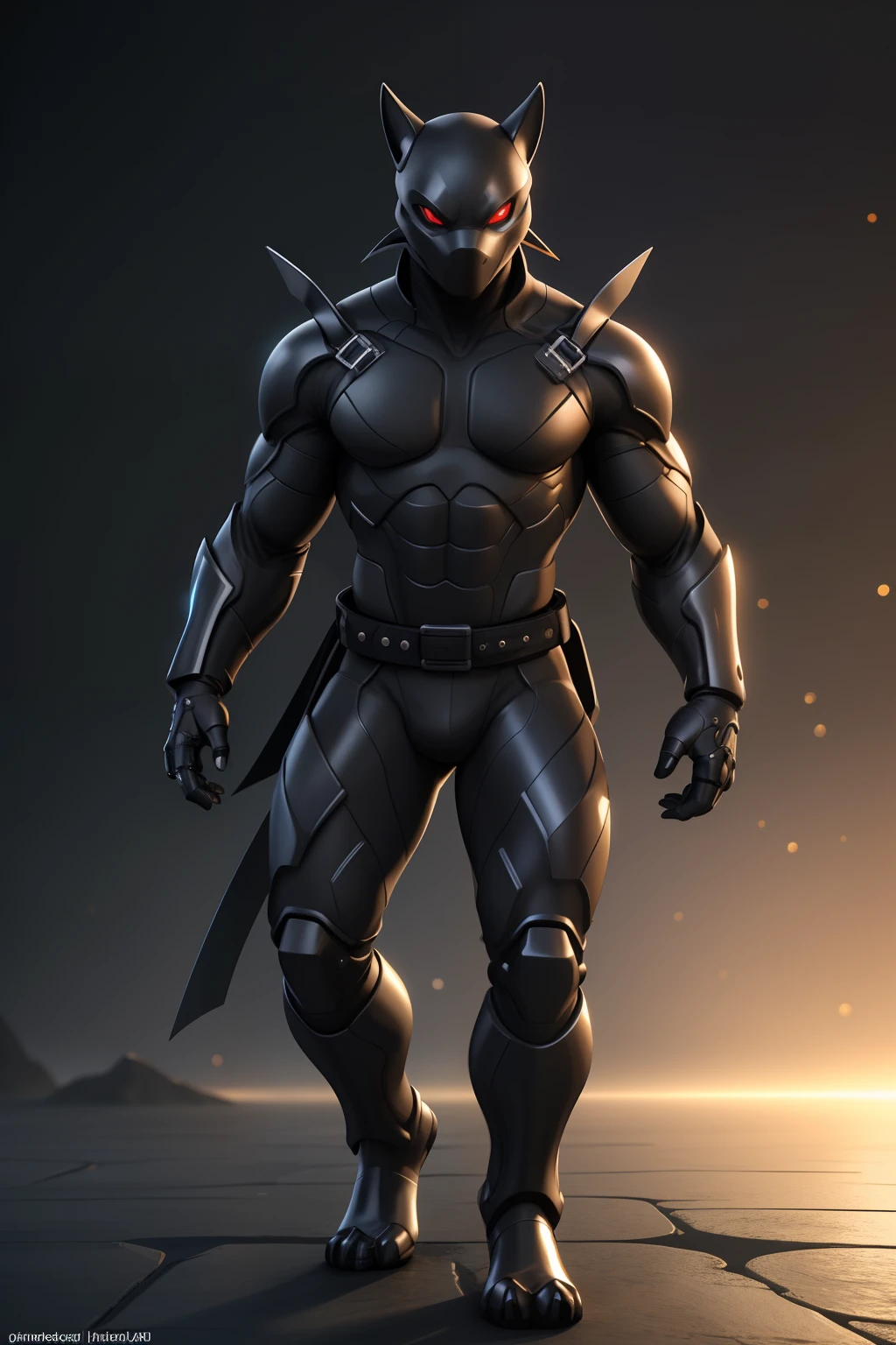 Create an image of a black ninja after an apocalypse in the future Biomechanical creature in humanoid form, com pele opalescente e escamas, master part, absolutamente perfeito, imagem impressionante, visualmente rico, intrinsecamente detalhado, arte conceitual, por Mschiffer, Bright holographic, cinemactic, papel de parede uhd, ....3d, octan render, Volumetric lights, corpo inteiro