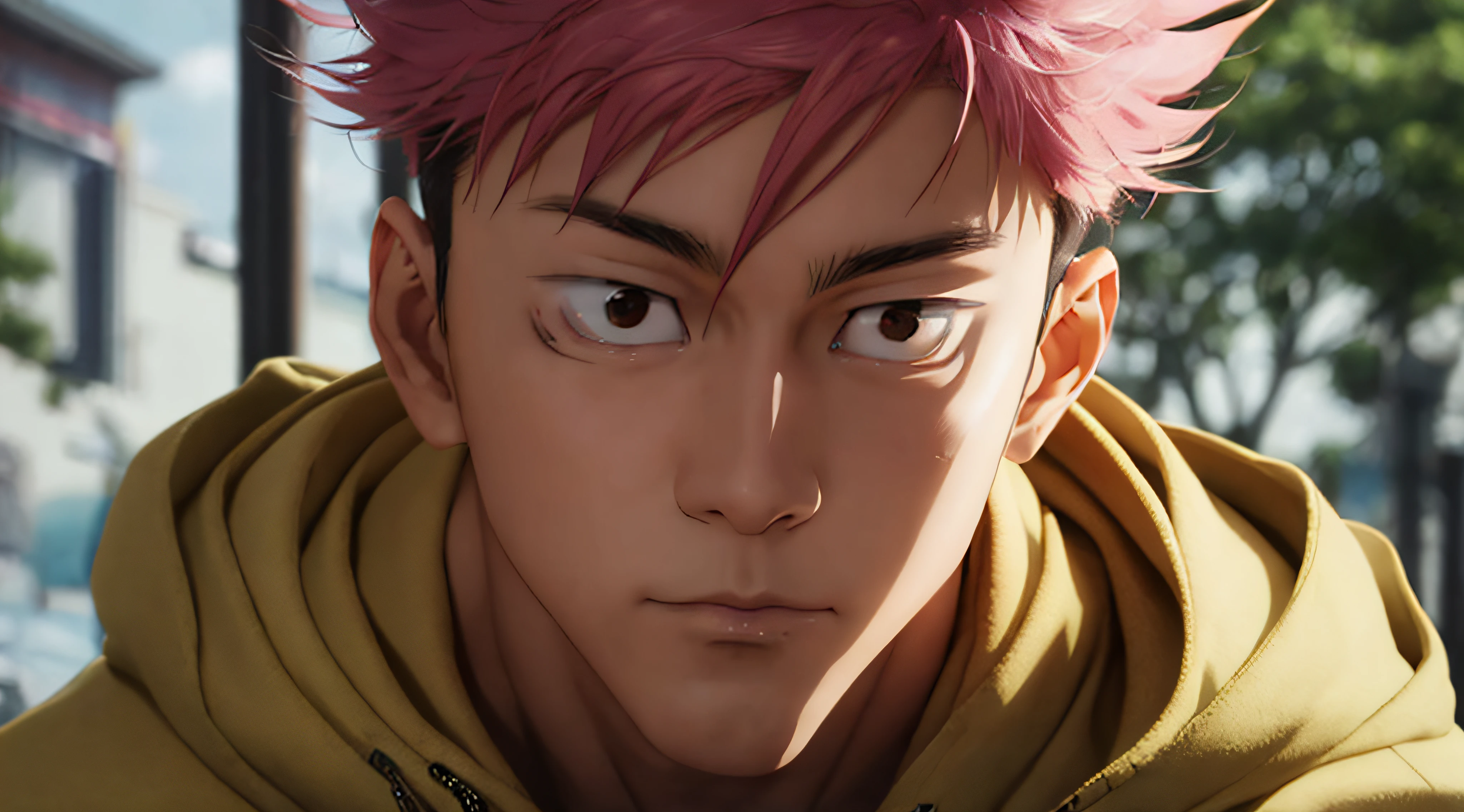 itadori_yuuji, pink hair, undercut, masterpiece, best quality, high quality, 1boy, solo, male focus, looking at viewer, upper body