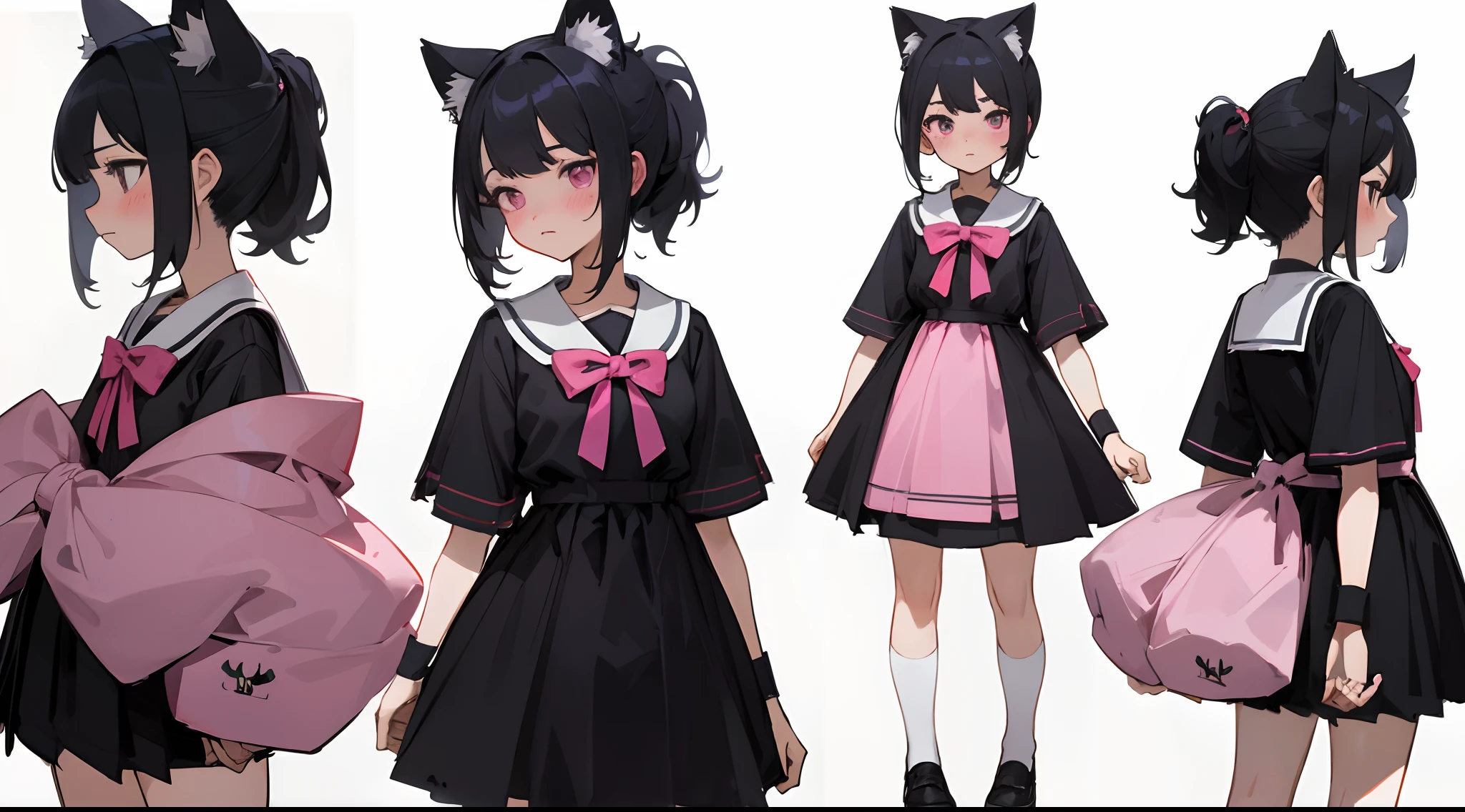 Masterpiece: 1.6, Best Quality: 1.4, Live Image: 1.2, intricate details: 1.2, Graphicsournerv2: 1.2, petite girl, black  hair, Bright pink eye color, confusion, Blush face, hair up to the shoulders, cat ears, black school uniform, inconspicuous clothingShort sleeves, Adult girl, whitebackground (Single background, whitebackground: 1.3), multiple views, Multiple images of the same character in the same outfit: 1.3.