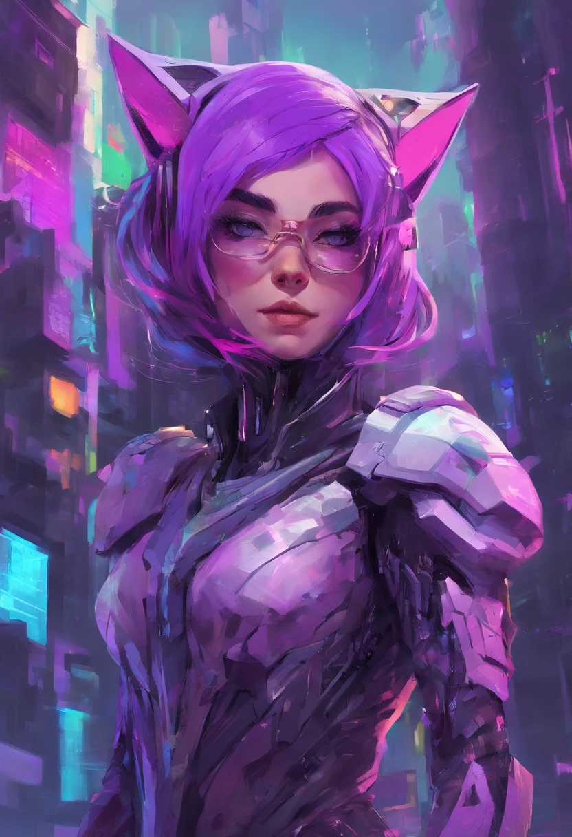 Close-up, expressionist painting-style portrait of a stylized purple haired fantasy cat wearing metallic armor and holding a magic wand, alien cyberpunk cityscape background, 4k ultra high definition, HDR lighting, cinematic color grading, intricate textures and patterns visible at microscopic level, sharp crisp edges, high polygon count