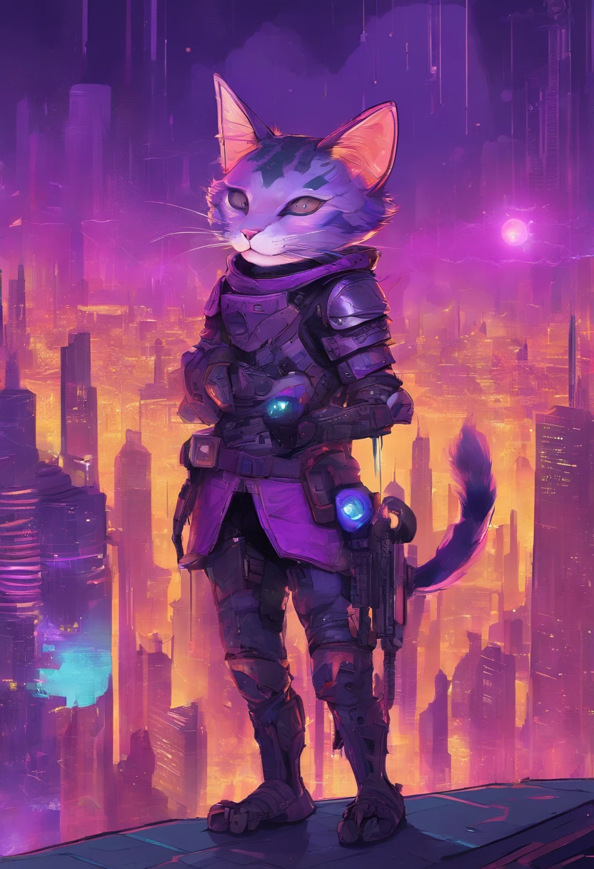 Close-up, expressionist painting-style portrait of a stylized purple haired fantasy cat wearing metallic armor and holding a magic wand, alien cyberpunk cityscape background, 4k ultra high definition, HDR lighting, cinematic color grading, intricate textures and patterns visible at microscopic level, sharp crisp edges, high polygon count