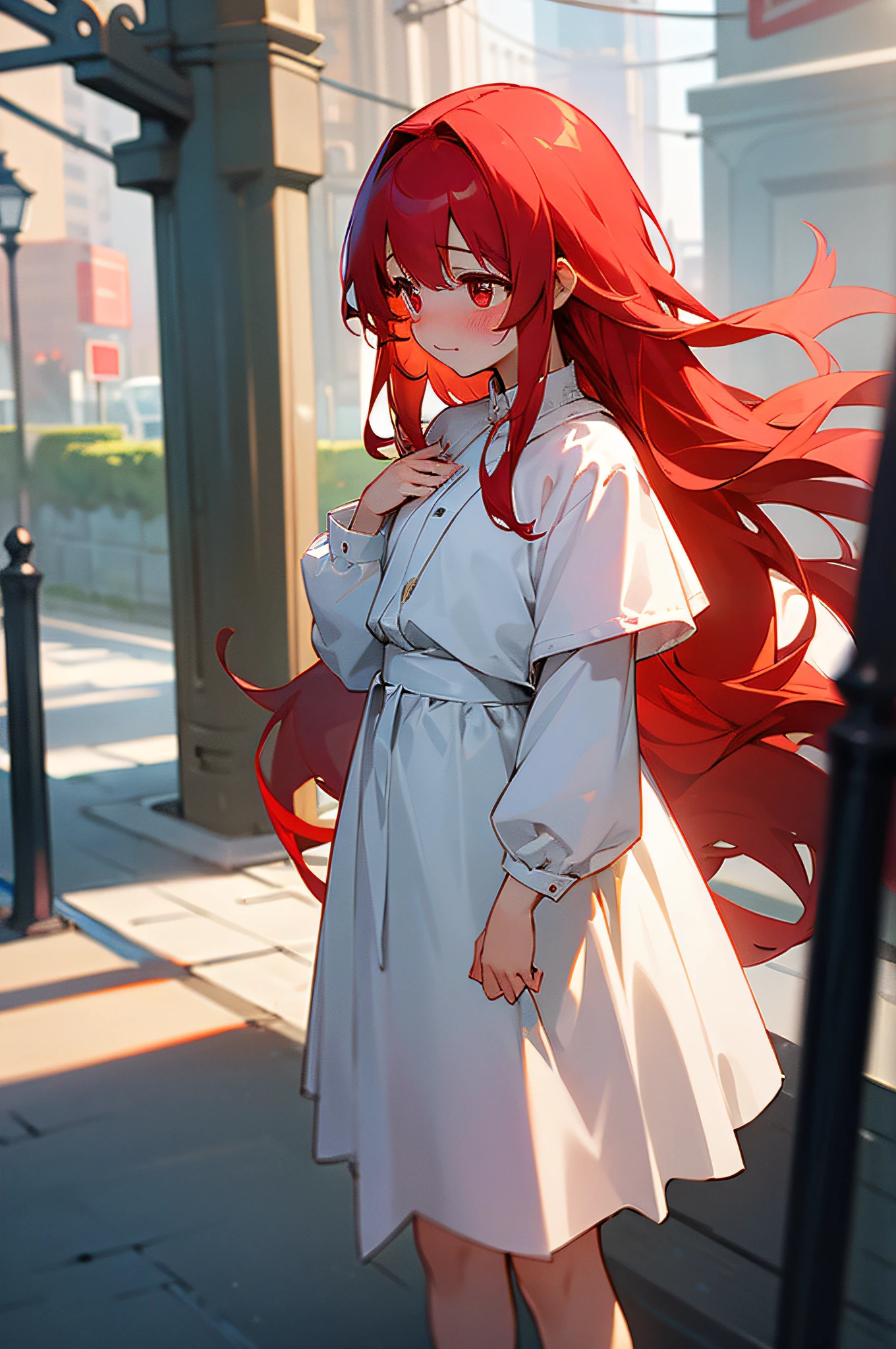 (masterpiece, best quality)One girl with long hair and white dress、One girl in a beautiful street 、is happy、is standing、embarrassed from、Blushing、Red hair and red eyes、Keep your mouth shut, flat hair, looking away, perfect lighting, thin body