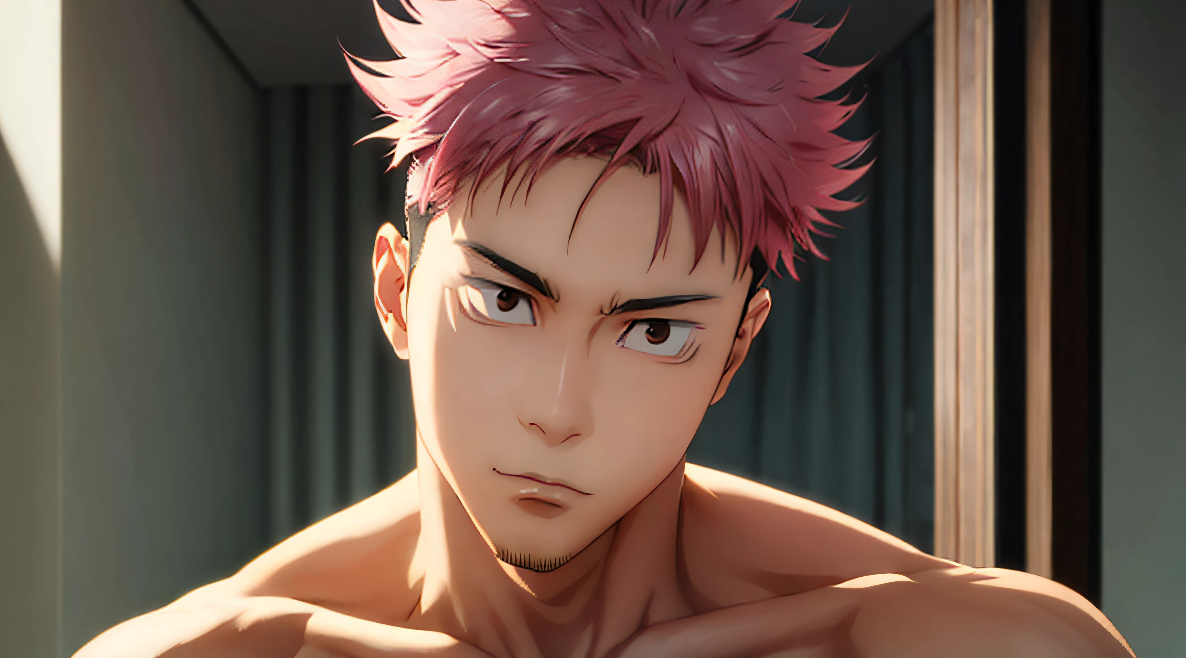 itadori_yuuji, pink hair, undercut, masterpiece, best quality, high quality, 1boy, solo, male focus, looking at viewer, upper body