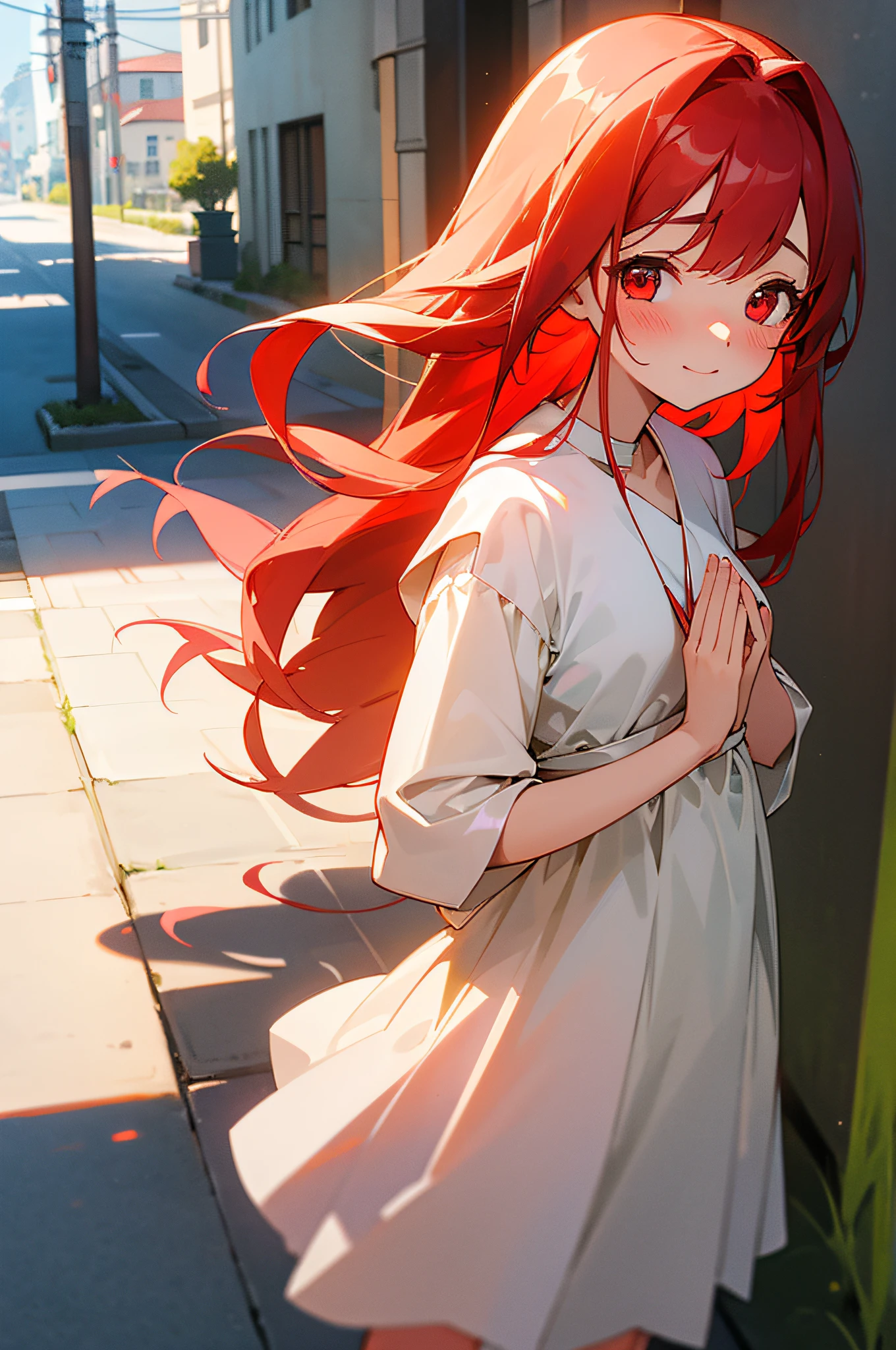 (masterpiece, best quality)One girl with long hair and white dress、One girl in a beautiful street 、is happy、is standing、embarrassed from、Blushing、Red hair and red eyes、Keep your mouth shut, flat hairs, looking at a viewer, perfect lighting, thin body, shy, hands on her back, high quality