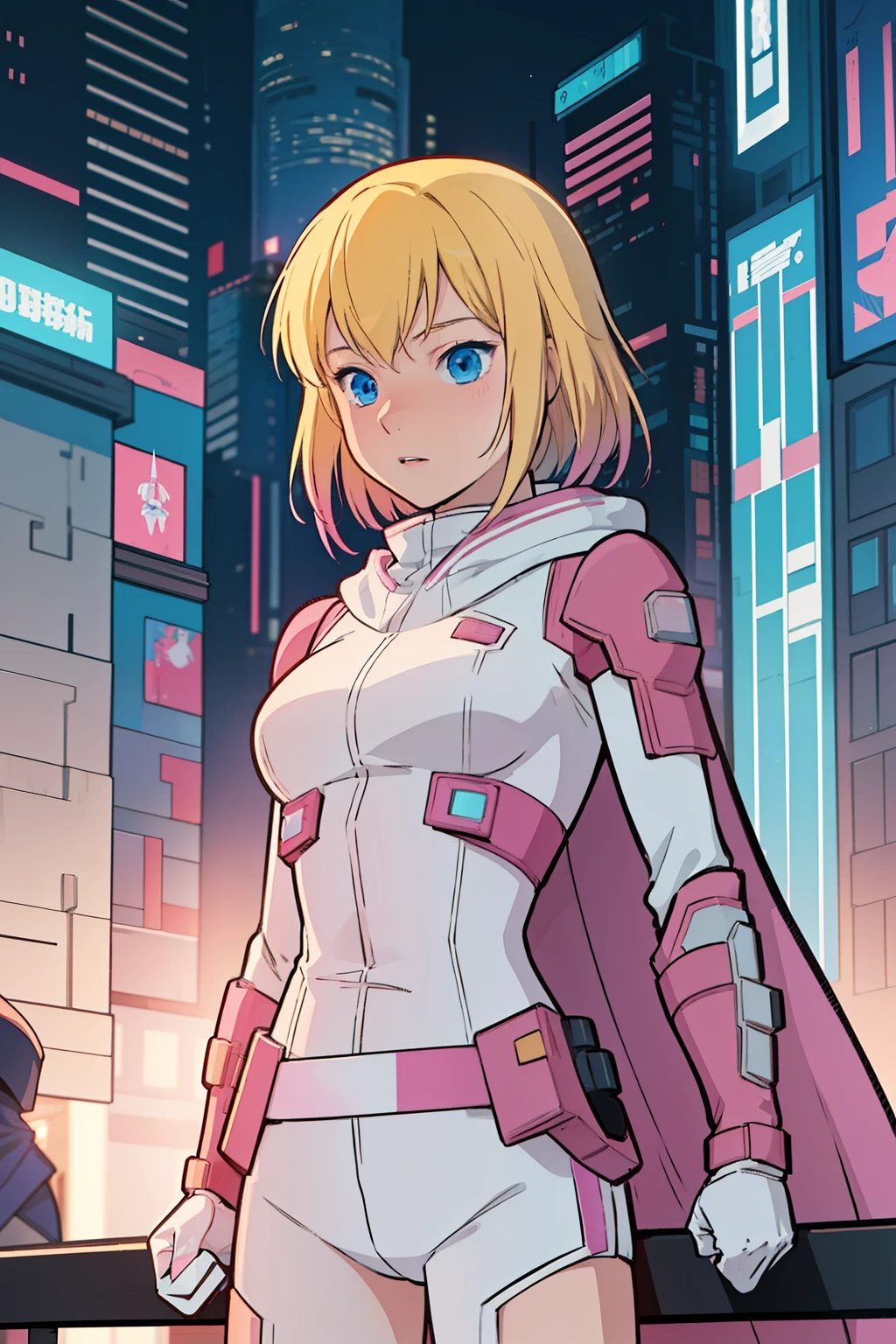 solo, 1girl, (masterpiece), ((16 year old appearance)), Blonde hair, Medium hair, blue eyes, anime girl, pink super hero uniform with white pants, cloak, small breasts, tech Gauntlet, cyberpunk city, nigth