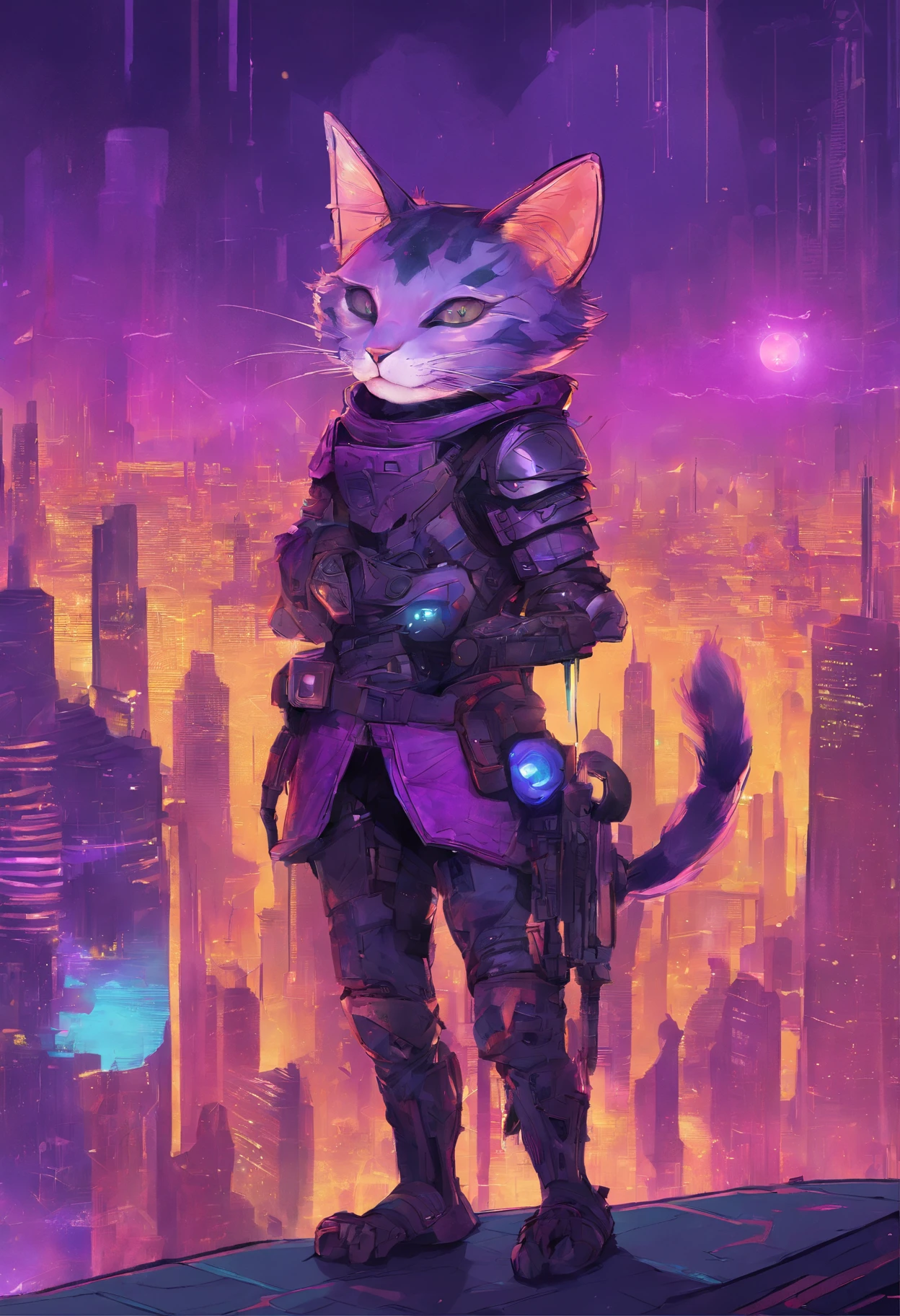 Close-up, expressionist painting-style portrait of a stylized purple haired fantasy cat wearing metallic armor and holding a magic wand, alien cyberpunk cityscape background, 4k ultra high definition, HDR lighting, cinematic color grading, intricate textures and patterns visible at microscopic level, sharp crisp edges, high polygon count