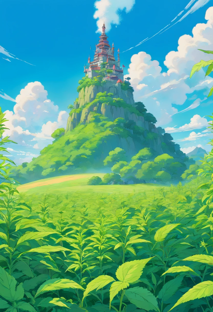 Um campo cheio de maconha ( com a planta em formato da folha da maconha) ( in the format of the weed ) no estilo de arte, with blue sky and many clouds. Ventando, e cores fortes no estilo do studio ghibli