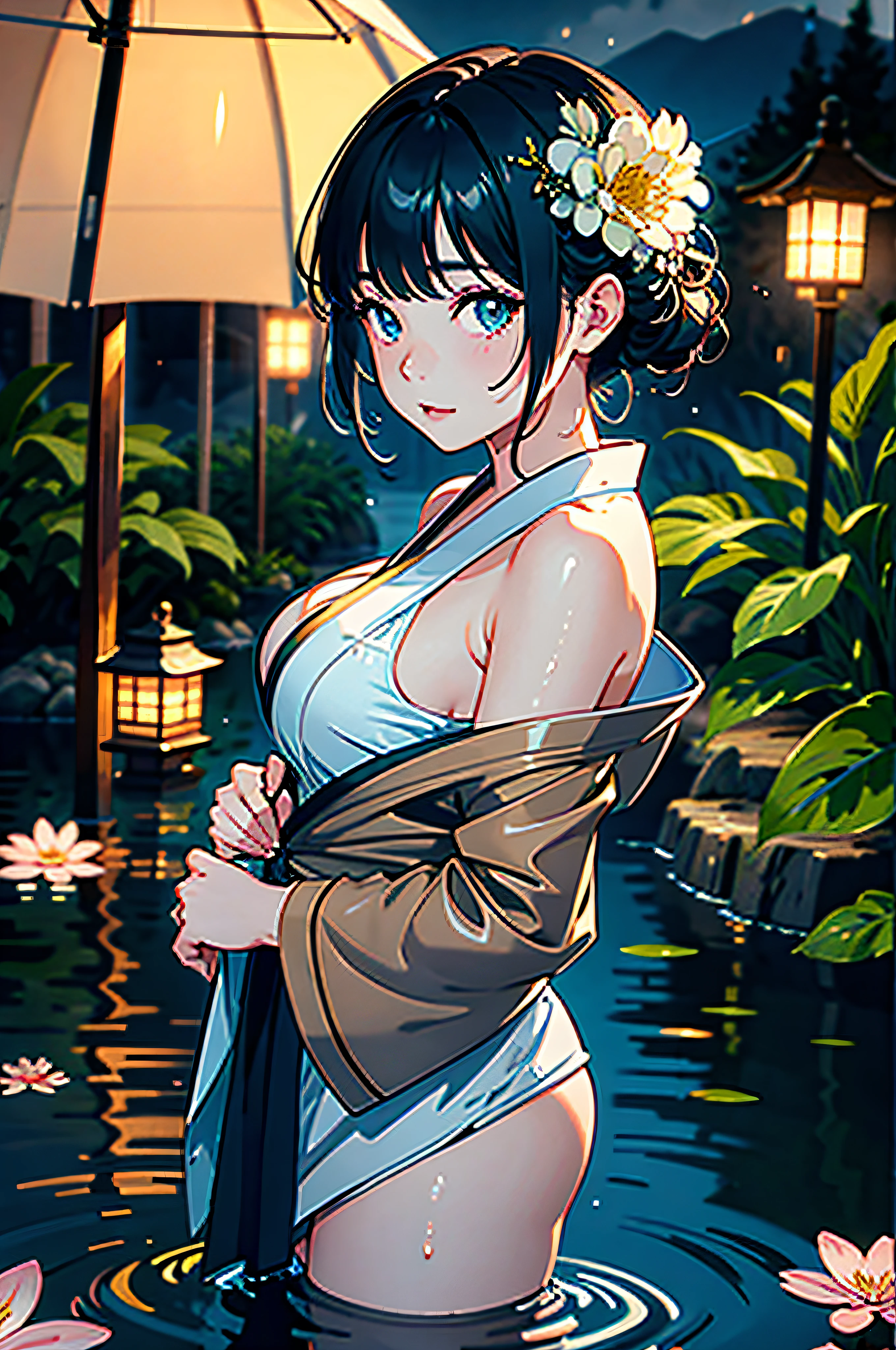 1girl, breasts, moon, lantern, night, solo, large breasts, hair ornament, wet, kimono, japanese clothes, wading, water, hair flower, flower, outdoors, sky, full moon, rain, black hair, off shoulder, mountain, cloud, holding, sash, bare shoulders, paper lantern, standing, white kimono, night sky, sideboob, obi, wet clothes, bangs, tree, from side, reflection, short hair, cloudy sky, wet hair (((masterpiece),(extremely detailed CG unity 8k wallpaper),best quality,,solo,1girl,cinematic lighting,detailed background,beautiful detailed eyes,bright pupils, (an extremely delicate and beautiful),(Beautiful and detailed eye description)， ultra-detailed,masterpiece,)),