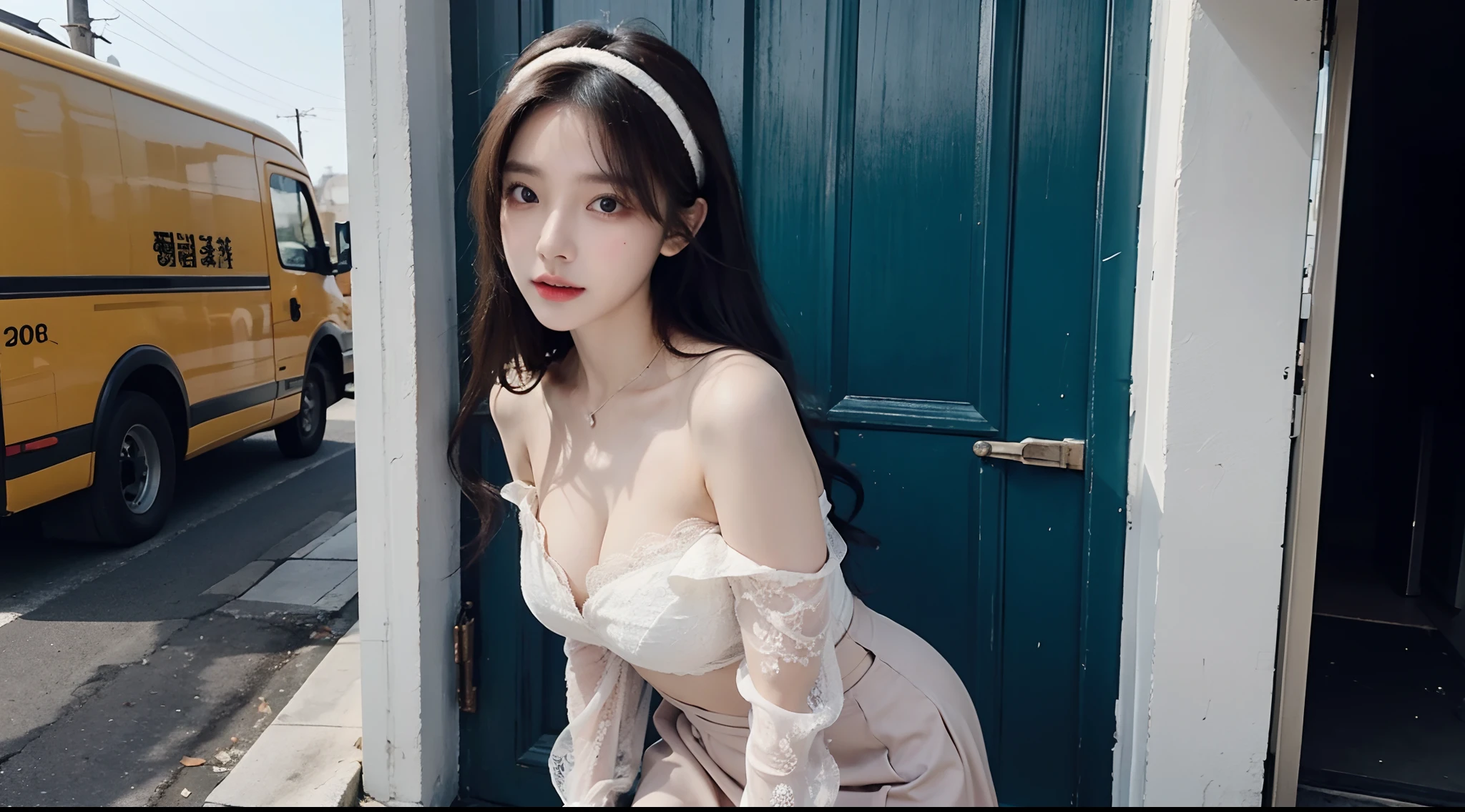 (High-resolution 8K raw photos are realistic,best qualtiy)，Fashion trendy beautiful and charming woman，gentle and charming Chinese beautiful woman，Korea,Kpop idol，delicate and sexy collarbones，charming oval face，二重まぶた，Ingenious[peaches]flower eyes，redish pink lips，small-nose，exposed bare shoulders，focus at face，closeup of face，Hyper-detailing，Blue off-the-shoulder long-sleeved top，White hip wrapped skirt，Light red hair，Background bokeh，cleavage，long leges，(Seven-doppelganger shot，中景 the scene is，Solo：1.4)，Lace，lacing，head gear， Fresh and impressive， natural color，Front light，Leaning against the wall，sitted，Princess chair，Body proportions are normal，Leaning together，Garbage heap，There is water on the ground，Swelling，There is a tattoo on the chest