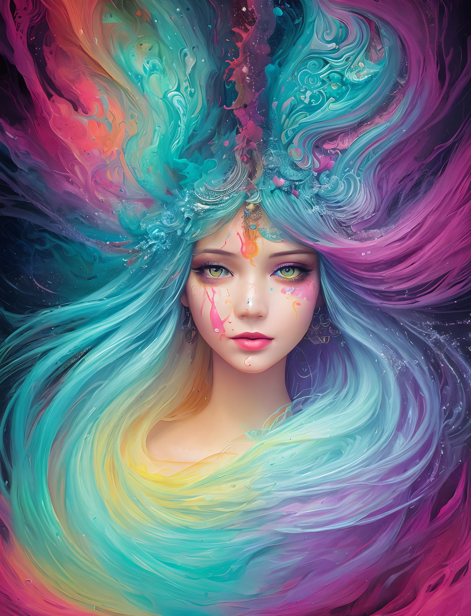 Colorful beautiful girl: a giru 8-, messy hair, oil painting, nice perfect face with soft skinice perfect face, blue yellow colors, light purple and violet additions, light red additions, intricate detail, splash screen, 8k resolution, masterpiece, cute face,artstation digital painting smooth veryBlack ink flow: 8k resolution photorealistic masterpiece: intricately detailed fluid gouache painting: by Jean Baptiste Mongue: calligraphy: acrylic: watercolor art, professional photography, natural lighting, volumetric lighting maximalist photoillustration: by marton bobzert:, complex, elegant, expansive, fantastical, wavy hair, vibrant --auto --s2
