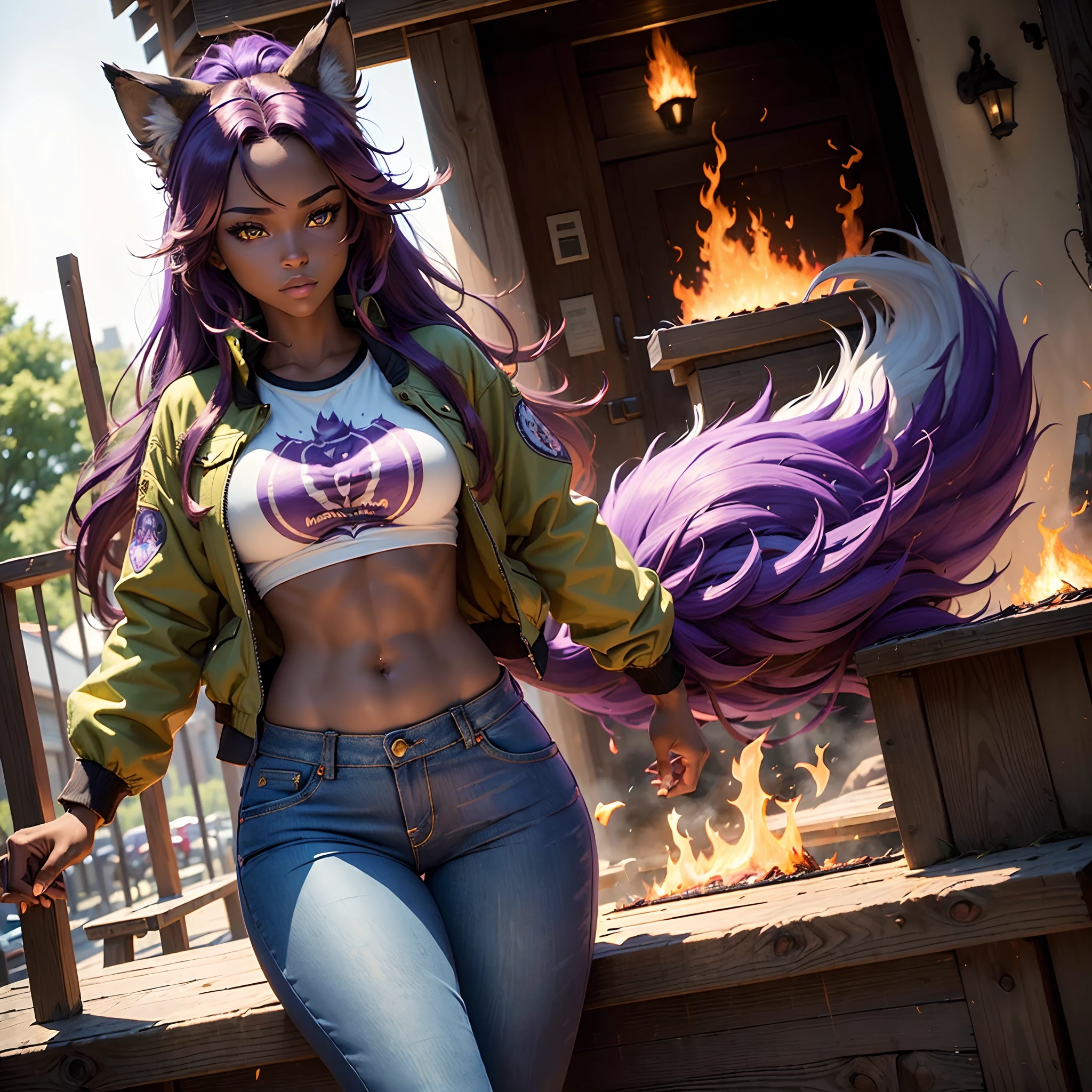 (masterpiece:1.3) extremely detailed, best quality, (1 Wolf girl), wolf, (dark brown skin), fire, fire hair, (1tail, long tail) long hair, messy hair, wild hair, purple hair, fire skin, green eyes, hot, furry, fire ear, fire tail, park, (purple pants, jean jacket)