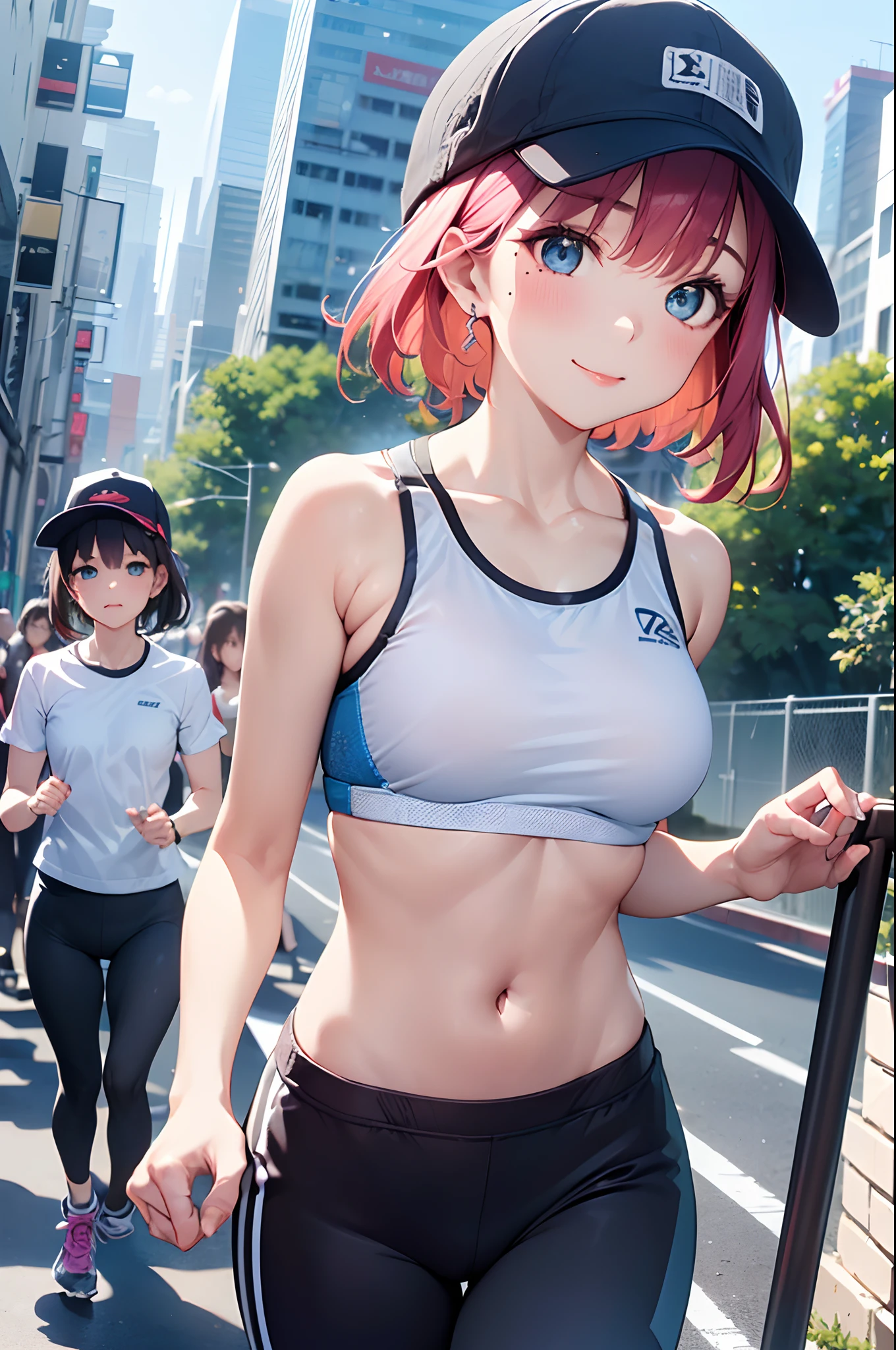(Girl with a nasty appearance:1.3)、(Morning in the city:1.5)、(and chest:1.4)、Raw photography, top-quality, hight resolution, (masterpiece), (Photorealsitic:1.4), (Mole under the eyes),Anime Cosplay, foco nítido, nffsw, 8K分辨率, intricate detailes, depth of fields, the Extremely Detailed CG Unity 8K Wallpapers, front lit, femele,25-years old、 Happy face、(Odango Hair:1.5)、(wearing hat:1.5)、see -through、(Medium pink hair)、blue eyess,(Doing a run:1.5)、(Sports bra and running pants:1.3)、