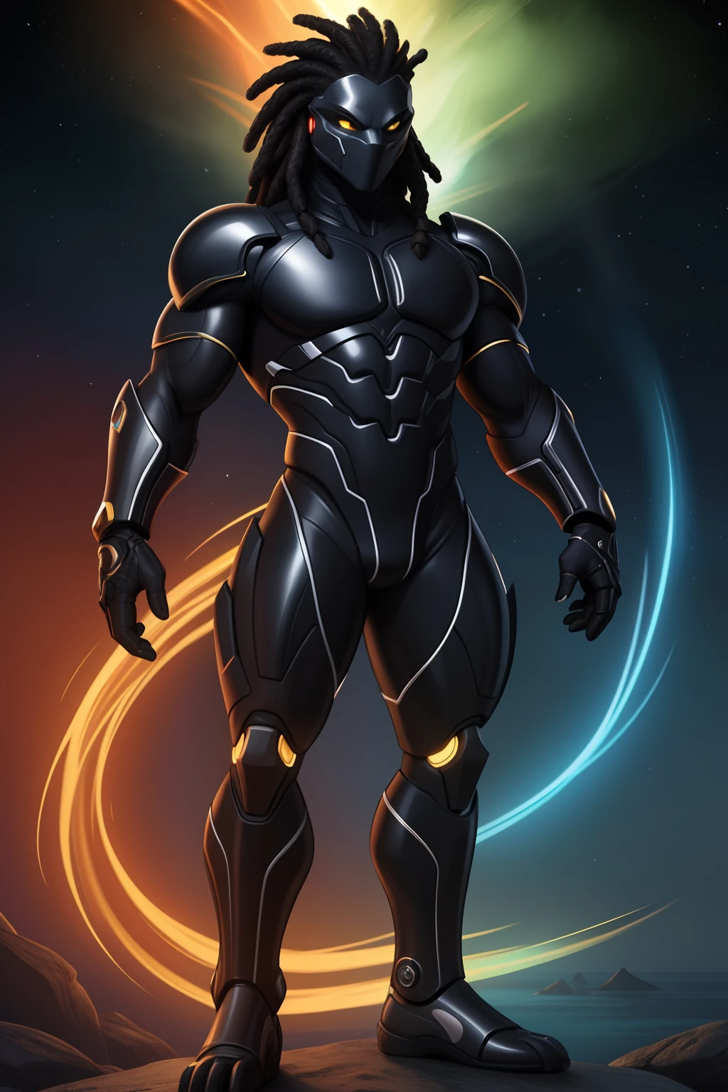 Biomechanical creature in humanoid form, com pele opalescente e escamas, master part, absolutamente perfeito, imagem impressionante, visualmente rico, intrinsecamente detalhado, arte conceitual, por Mschiffer, Bright holographic, cinemactic, papel de parede uhd, ......3d, octan render, Volumetric lights, Full body Create an image of a black ninja after an apocalypse in the future, afro cabelo caindo para frente, Rasta type but braided,tiro de corpo inteiro, tiro de corpo inteiro, , Lightning in the sky, arms extended, olhando para frente, parado no topo de uma montanha, manto e capa vermelhos, cruz brilhante no ar. ,Arte Luz Neon, no escuro da noite, Um navio alto navega pelos mares iluminados pela ,..lua, estrelas, Colouring, circunstanciado, 4k