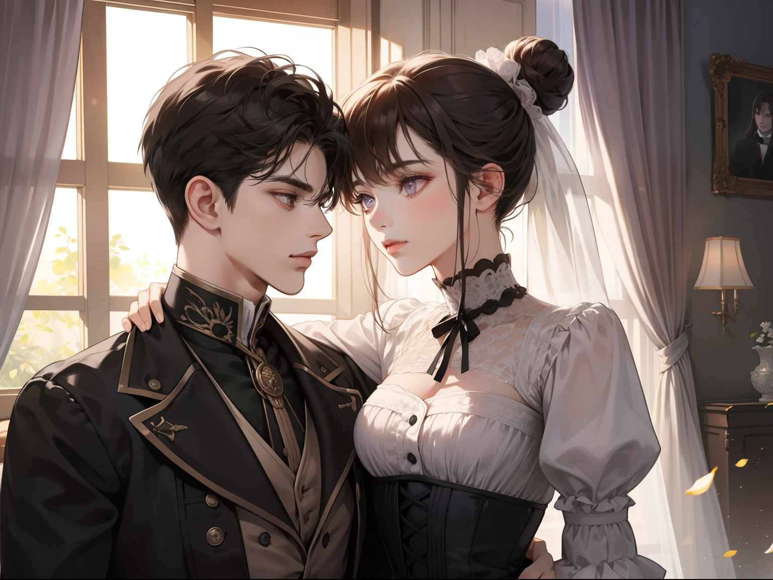 High quality realistic Anime style, young boy and girl, dark hair with strong gold streaks, bigger eyes, yellow eyes, medieval clothes, high definition, high detail, moonlight, magical environment, colorful lights, create a scenario medieval village with a bonfire set,
