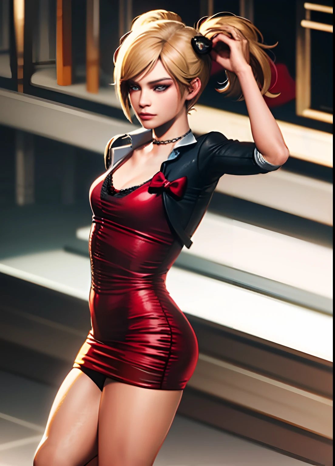 young woman 20 years old, red dress,blond hair, resident evil style, blue eyes, realistic style, 8k, small breasts, asian, model Ada wong realistic, real photo, realism