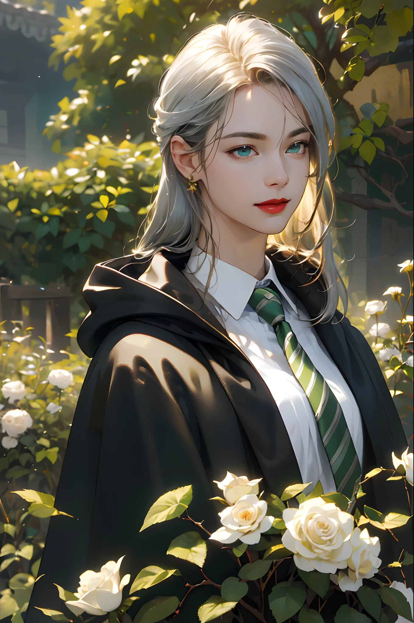 (masterpiece, best quality, high resolution:1.4),(Raw photography, top-quality, masterpiece, extremely delicate and beautiful, ighly detailed, nffsw, Unity, 8K Picture Wallpaper, amazingly detail, detaile, masterpiece, top-quality, Official art, Highly detailed ticker Unity 8k wallpaper, ultra-detailliert, hight resolution, ighly detailed, Clair, Focus,)(top-quality), (realisitic, Photorealsitic:1.5), (8K, Soft lighting, hightquality, lighting like a movie), (1girl), pretty, beautiful, (noble), elegant, skin pores texture, HD , Photography, movie, cinematic, portrait, Realistic, (8k, RAW photo, best quality, masterpiece:1.2), (realistic, photo-realistic:1.33), best quality, (detailed eyes: light golden), (white shirt), (green and silver striped tie), (dark hair), (long hair), (two toned hair: dark and gold), (), (young), portrait, smile, (background: red rose garden), cats, bust up, detailed and realistic portrait of a girl, (fragile), (night light), (British), (pale), (Caucasian), (innocent), (red lips), (black cloak with a deep green lining)
