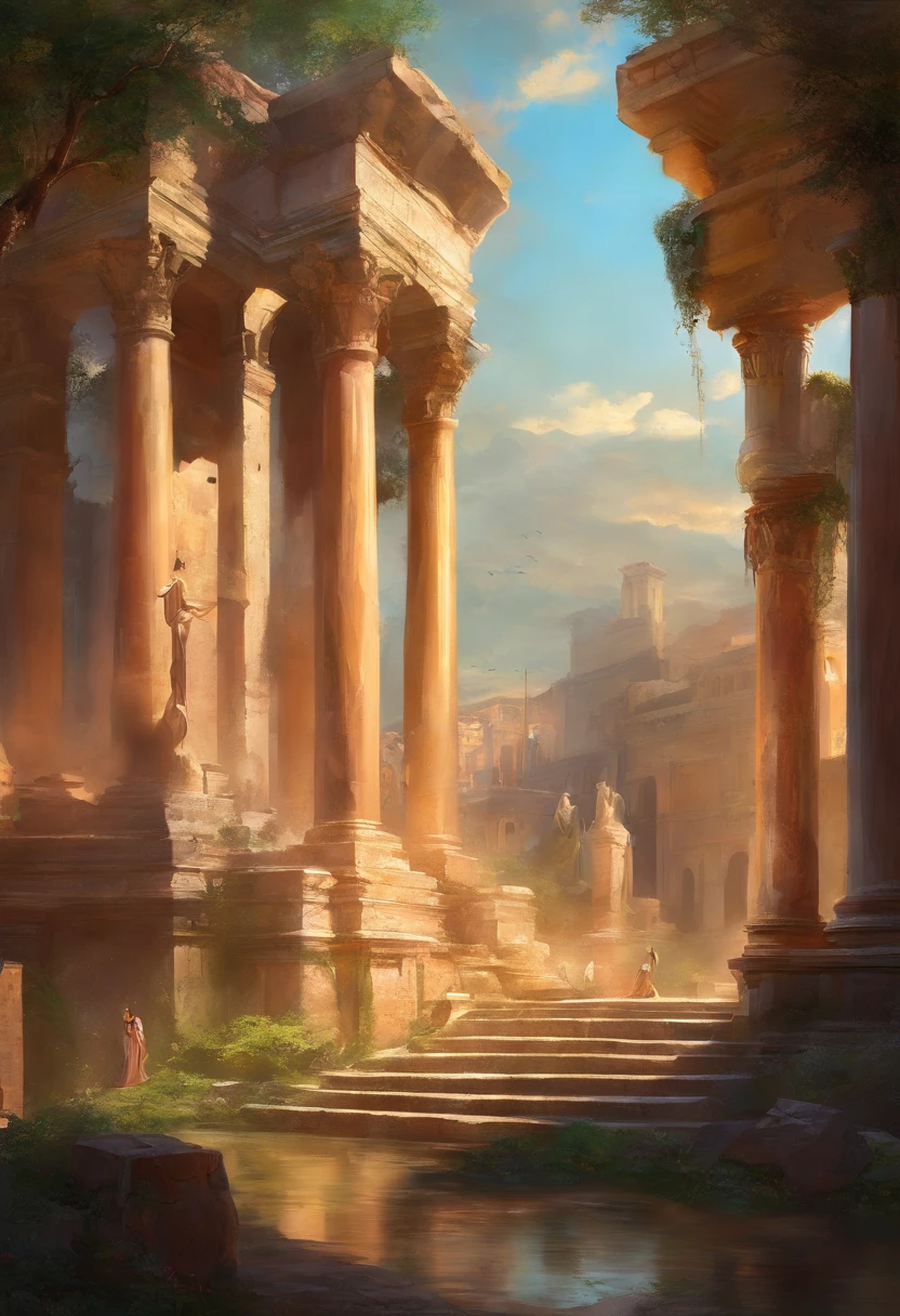 best quality,ultra-detailed,realistic,portrait,prophet,Noah,standing in a deteriorating world,exuding righteousness,wise,kind eyes,benevolent face,piercing gaze,strong physique,flowing white beard,resolute expression in his eyes,aura of integrity,his presence evokes hope and faith,overlooking the city,deep sunset colors casting a warm glow,crumbling structures symbolizing decay and corruption,contrast of light and shadow,Renaissance painting style,meticulous brushstrokes,capturing every wrinkle and detail,masterpiece:2.0,symbolizing the struggle between good and evil,majestic atmosphere,gravitas of the moment,inspiring and thought-provoking,subtle symbolism in the background,ark in the distance,reminiscent of a divine mission,confronting the challenges of a fallen world,serenity amidst chaos,powerful metaphor of redemption and grace
