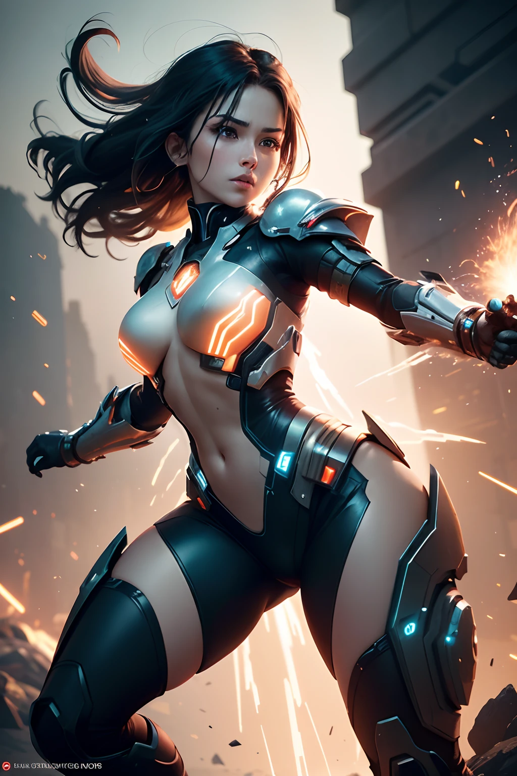 Create a captivating digital artwork of a female Exo Guardian from Destiny. This Exo has a powerful and visually striking arm that has been transformed into an energy cannon, capable of emitting brilliant and intense energy blasts. Depict her in a heroic pose, showcasing her energy cannon arm charging up with crackling energy. The rest of her appearance should reflect advanced and battle-worn armor, with intricate details that highlight both the mechanical and organic elements of her design. Set the scene against the backdrop of a futuristic and dynamic battleground, with sparks and debris flying as she prepares to unleash her devastating energy attack. Capture the essence of strength, determination, and the futuristic technology that defines the Destiny universe.