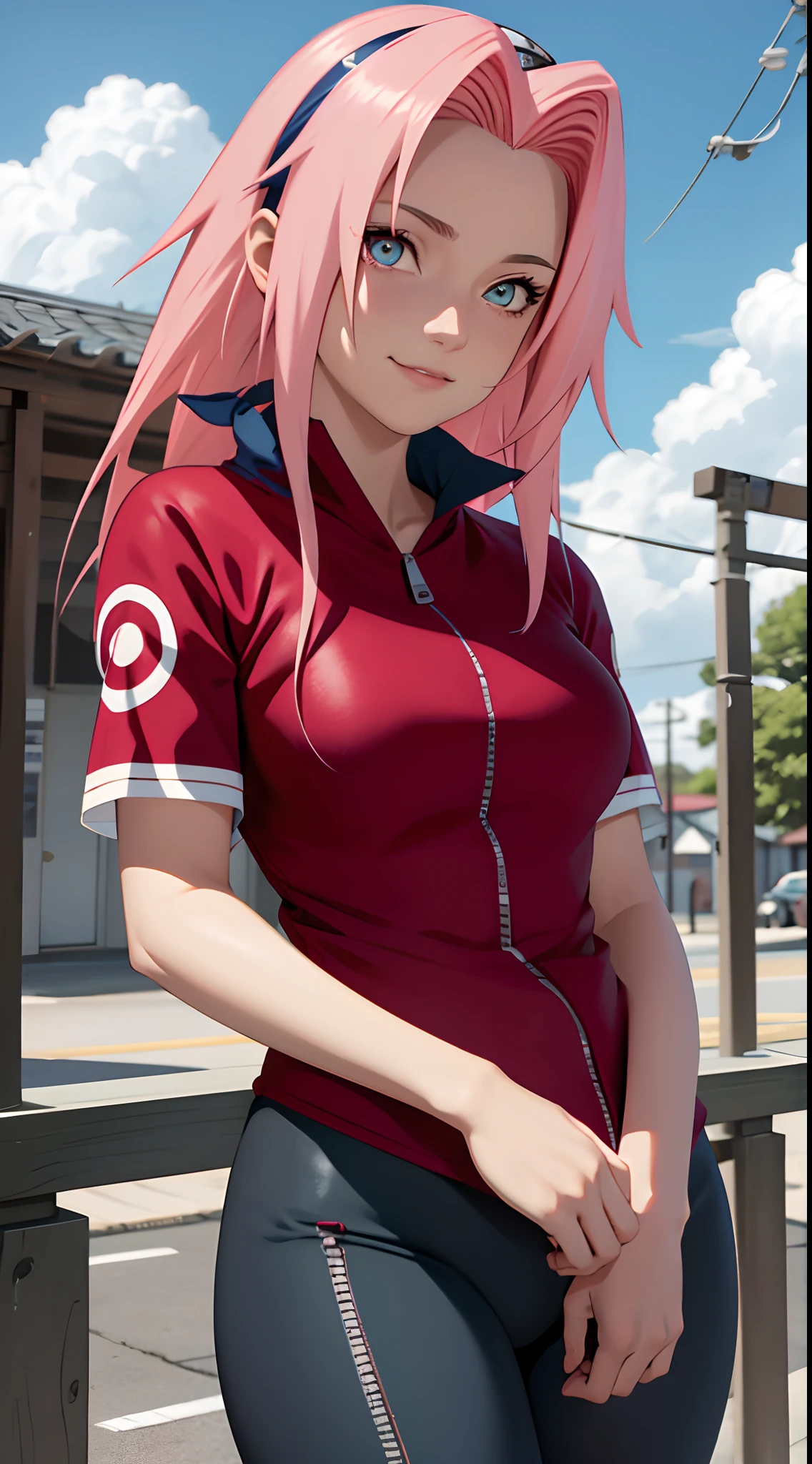 tmasterpiece， Best quality at best， 1girll，Solo， Sakura Haruno， Large breasts，（wallpaper body closeup)，Raised sexy，is shy，with pink hair， long whitr hair， （greene eyes:1.3)， Forehead protection， ssmile， blue-sky， Clouds， Hidden village，Red clothes, Zipper half , bike tight pants ,