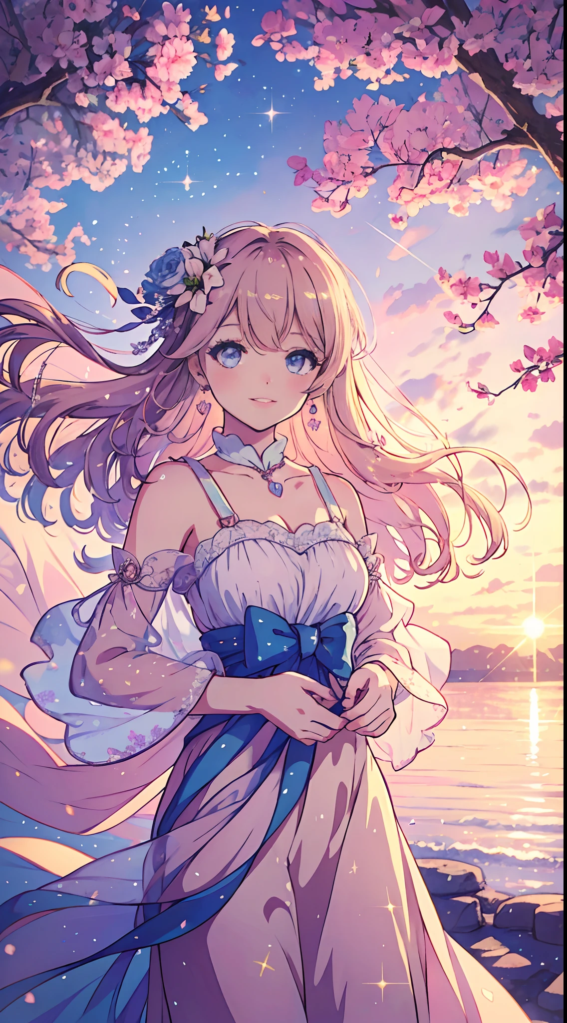 girl,cute,anime shoujo style,romantic,(best quality,highres:1.2),detailed eyes and face,long eyelashes,blushing,flowing hair,sparkling eyes,pastel colors,soft lighting,flowers in the background,romantic atmosphere,sweet smile,peaceful scene,gentle breeze,soft expressions,hand holding,blurred background,cartoon-like effect,lovely outfit,heart-shaped accessories,sparkling stars,innocent charm