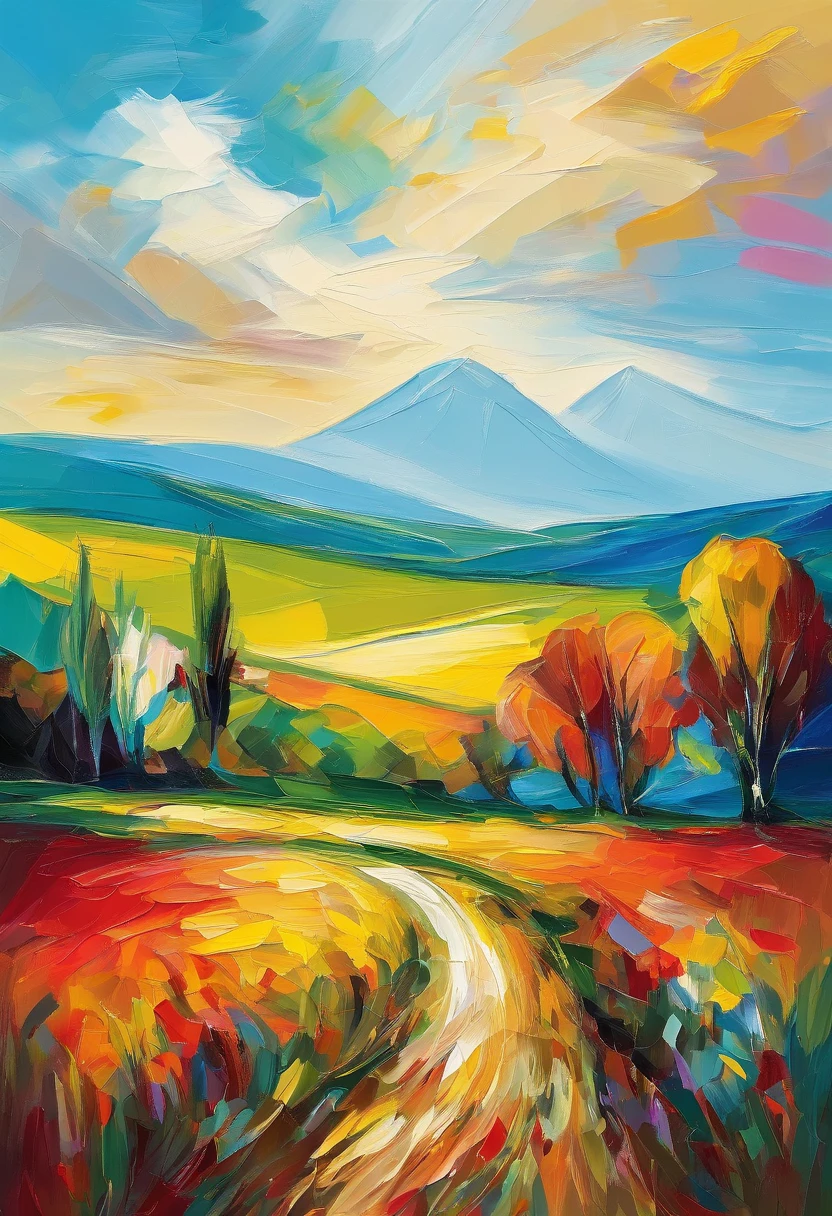 An oil painting of a rural landscape, with trees, fields, mountains and a blue sky. The artwork can be realistic and detailed in style, with soft, harmonious colors. Painting can convey a feeling of tranquility and beauty. The artwork may be inspired by artists such as Claude Monet