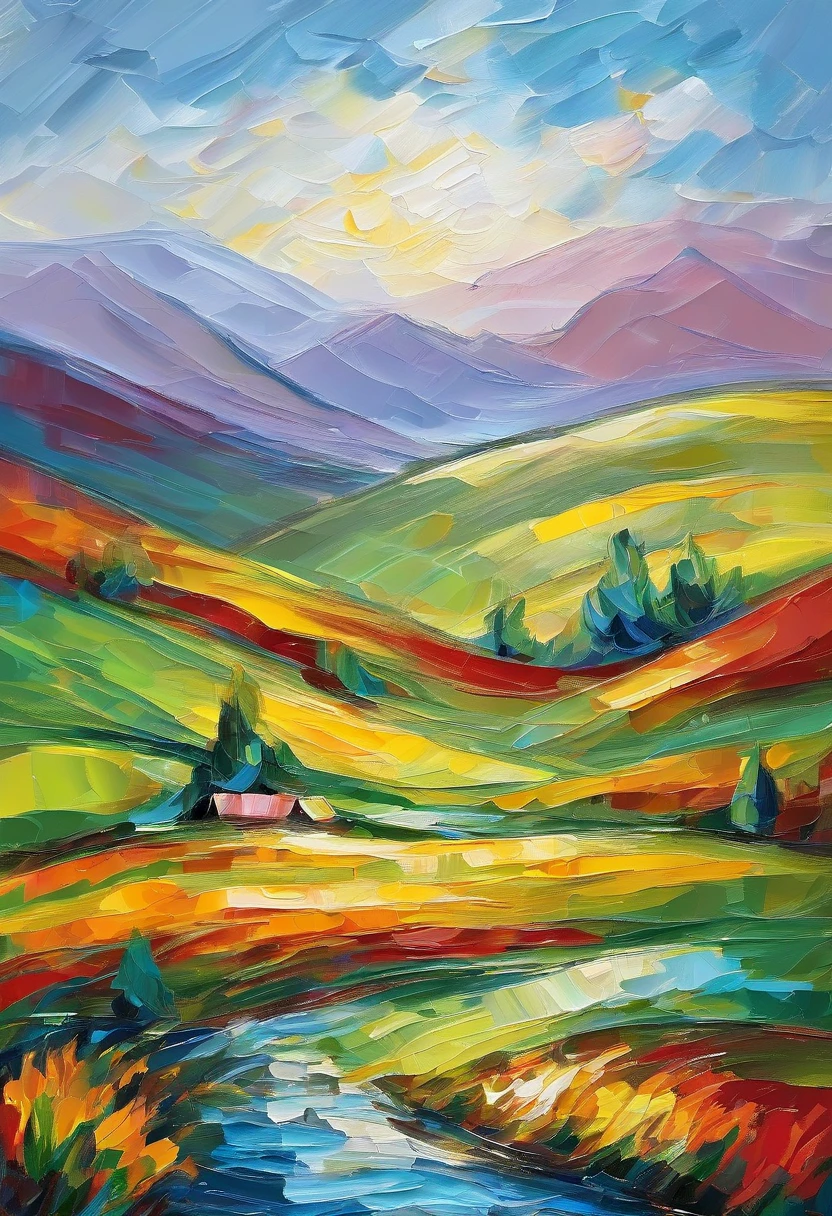 An oil painting of a rural landscape, with trees, fields, mountains and a blue sky. The artwork can be realistic and detailed in style, with soft, harmonious colors. Painting can convey a feeling of tranquility and beauty. The artwork may be inspired by artists such as Claude Monet