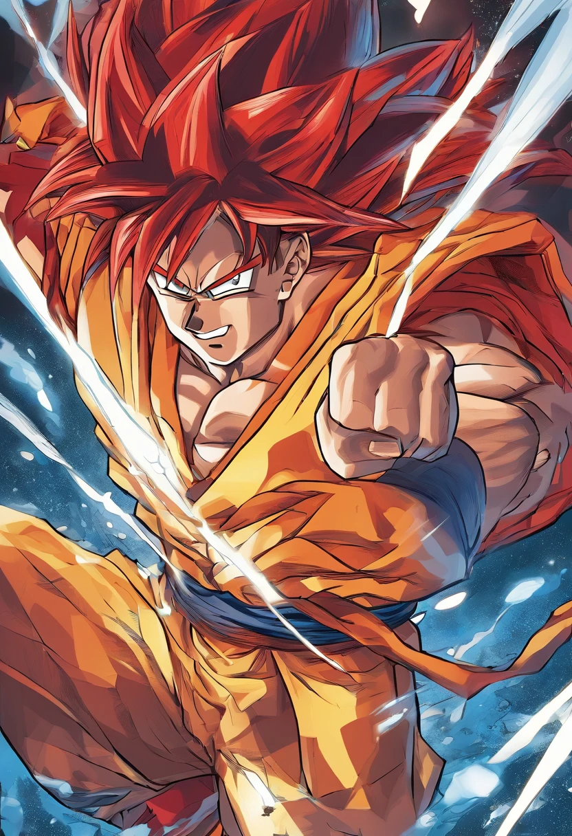 Super Four Goku，Auf dem Schlachtfeld，schwarzes Schalhaar，Super Blauer Goku，Auf dem Schlachtfeld，blaue Haare，Red hair all over the body