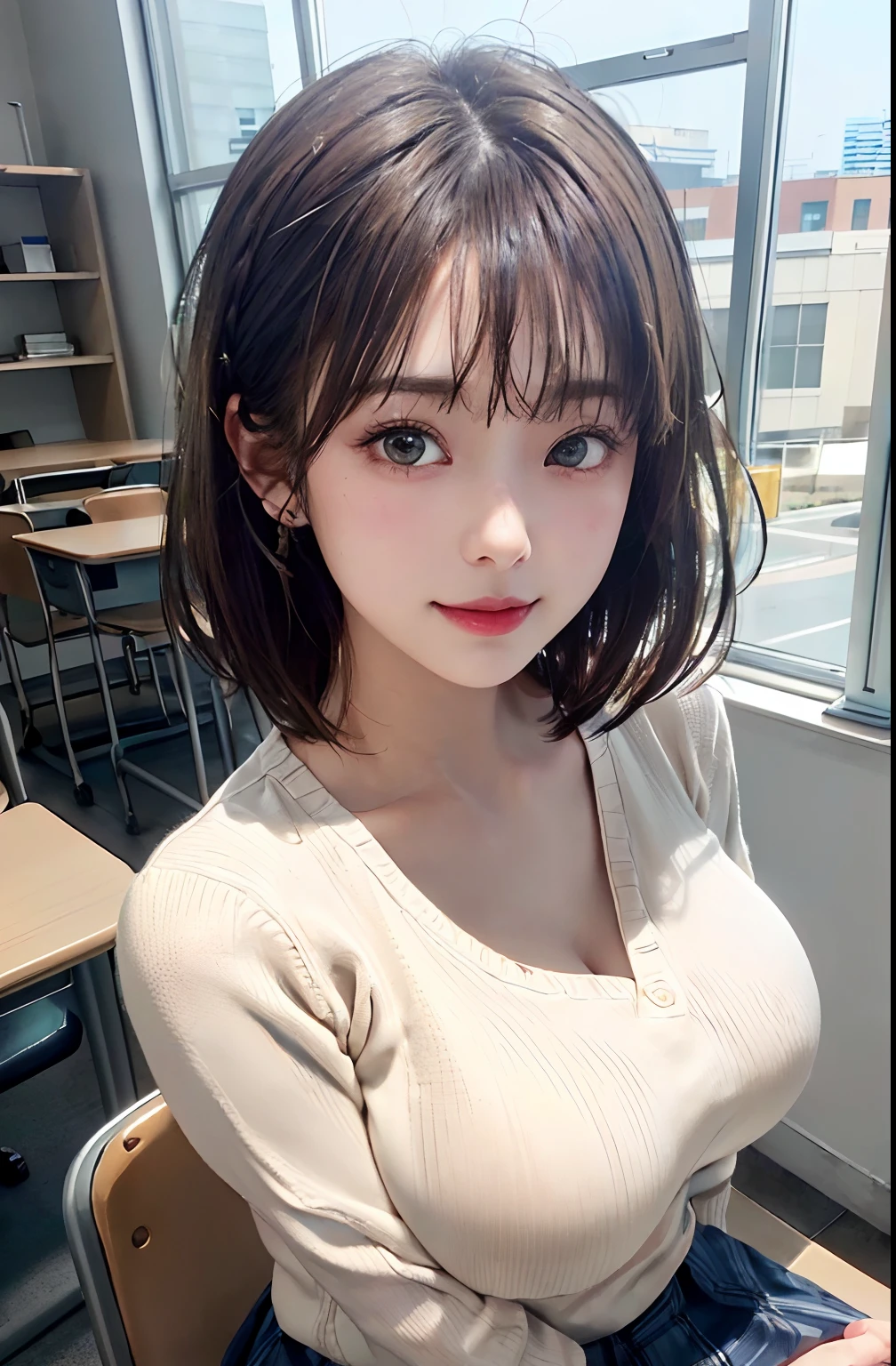​masterpiece、top-quality、超A high resolution、(photographrealistic:1.4)、((1girl in、White fair skin:1.4、sitting at the desk、From  above、looking at the viewers、Cowboy Shot、spotless、cute little、The long-haired、A dark-haired、Light Brown Fringe Hair、Braided hair、disheveled hair、Light brown eyes、、short hair with bangs、bursting milk in the same way))、(School Uniforms:1.5), (wearing a beige knitted sweater over a white shirt,,,,,,,,,,,,,,:1.5), (Red bow:1.3), (Plaid pleated skirt:1.3),(A smile)、High detailed eyes、(((‎Classroom)))、long neck、(((short hair with bangs)))、Lashes、(((natural soft light、gazing at viewer、Entice your audience、爆乳、Highlights in the eyes)))、[(Hassleblad H6D-400c)], [(Medium format image)],[(dream-like)],[(400 mega pixels)], (Photorealsitic:1.4), (Raw photography:1.2), (8K), (​masterpiece:1.3), (realisitic), (A hyper-realistic), ultra-detailliert, illustratio, very_high_Realistic:1.5 ,very_high_resolution:1.5, nffsw, nffsw, Unity, 8K Picture Wallpaper, astonishing、finely detail, Official art, Highly detailed ticker Unity 8k wallpaper, (top-quality), incredibly absurdness, ultra-detailliert, Light on the Face, cinematric light, 电影灯光, Professonal lighting、photon maping、Radio City、physically-based renderingt、solofocus、foco nítido、 hight resolution、ighly detailed、extremely delicate and beautiful、intricate detailes、face muscles、a beautiful detailed girl、Natural makeup、extra detailed face、looking at away、(爆乳:1.55)、(Emphasis on the chest:1.3)