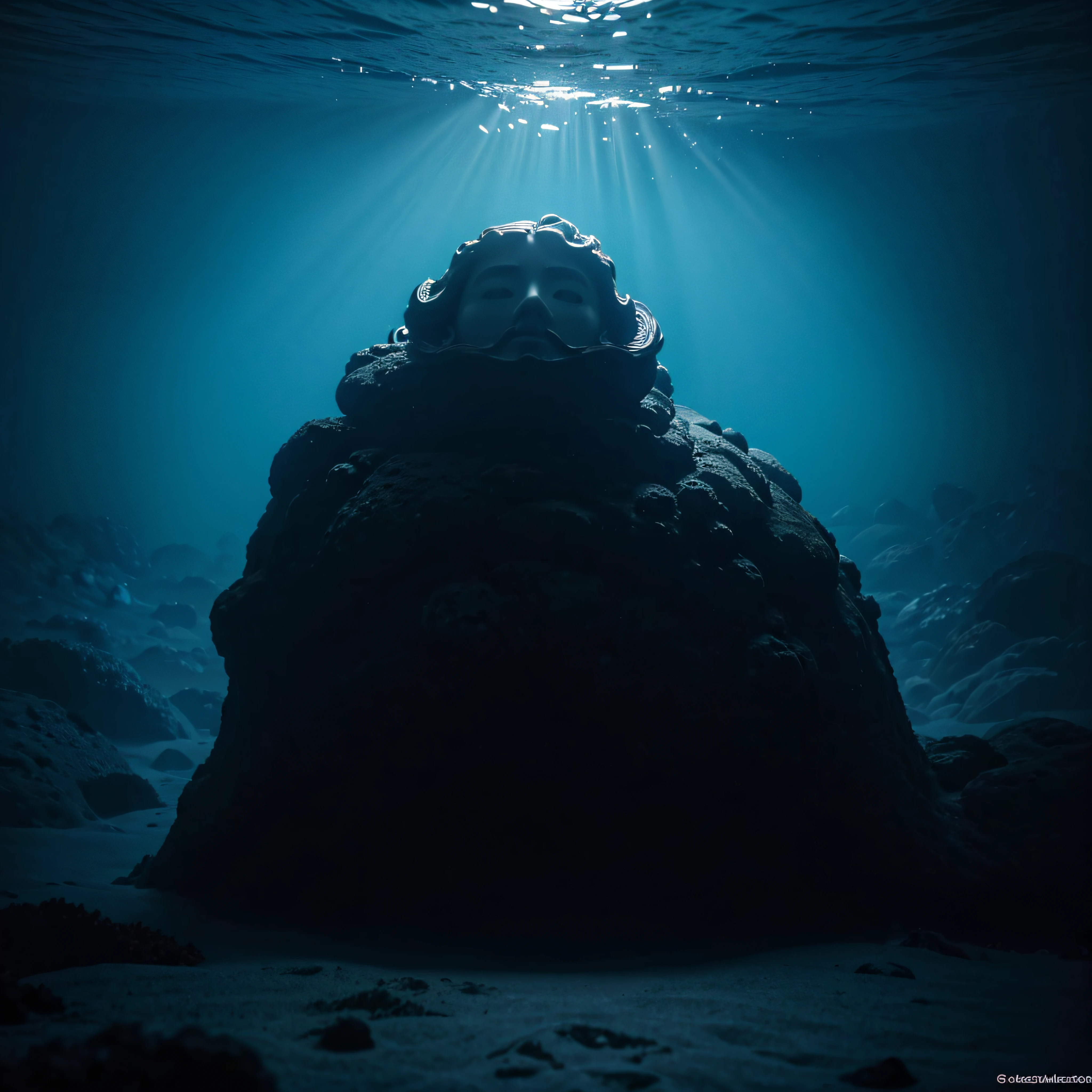 (extremadamente detallado, obra maestra, La mejor calidad, Under the Ocean), Estilo oscuro, volumetric illumination. textura de babosa, piel de caracol. ahogados flotando de fondo. Rococo composition.