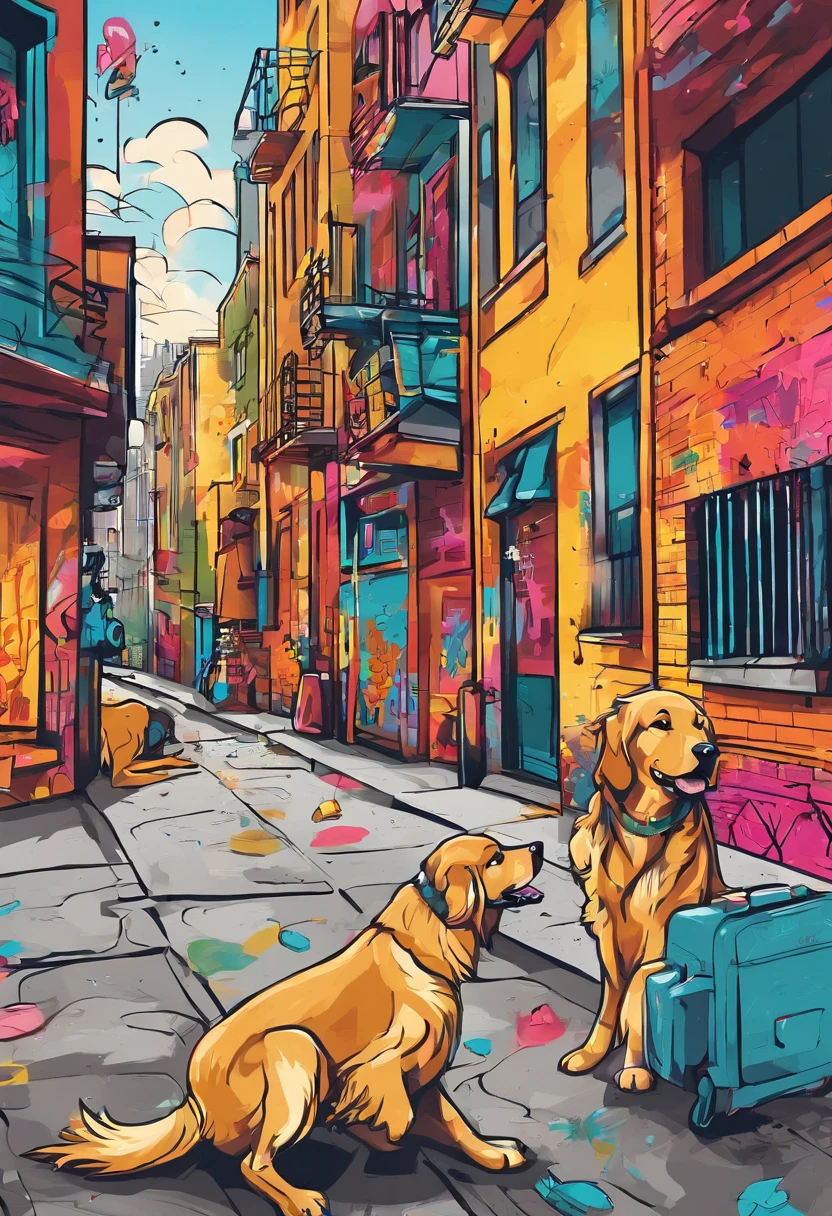 Make a Golden Retriever by talking to a Doberman, The two dogs have cell phones in their hands, They're walking down the street talking side by side