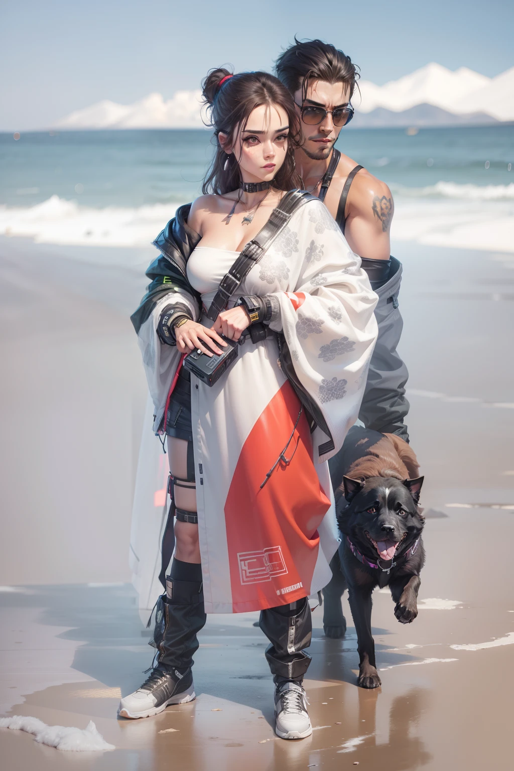 Change background cyberpunk handsome cute boy, girl, realistic face, 8k, ultra realistic, with dog,