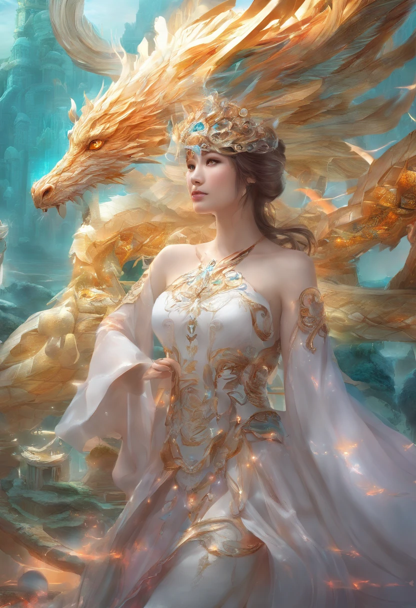 ChinesischDrache, (Blind Box Spielzeug Stil:1.2), (full-body shot) , 1 Transparent Girl,Hinter ihm steht ein durchsichtiger chinesischer Drache, Transparenter Mech, Exquisiter Helm:1.2, Leuchtende Brille:1.2, Cyberpunk, Dreamy glow, leuchtende Neonlichter, sauber, white background, ( Globale Beleuchtung, Rochen-Traching, HDR, Unwirkliches Rendern,Reasonable design, Hohe Detailgenauigkeit, Meisterwerk, best quality, hyper HD, Filmische Beleuchtung)