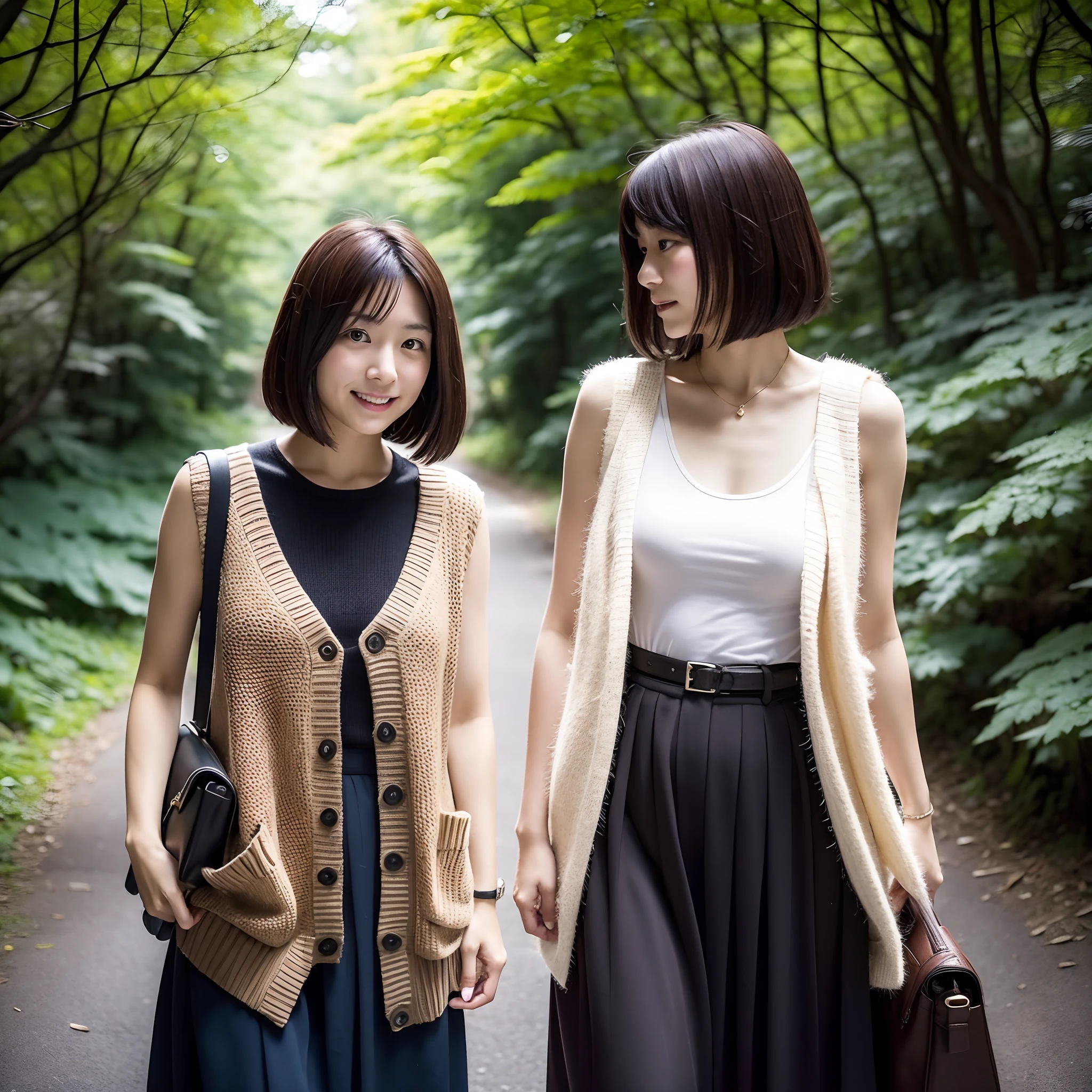 5 Japan Woman in Japan Taking Photo On Mountain、Forest bathing、One is a 27-year-old woman with loose and fluffy long bob hair.、One is an 18-year-old woman with a fluffy bob and dark brown hair、One is a 25-year-old blonde woman with unkempt hair, Wearing a cardigan over a sleeveless dress、One is a 31-year-old dark-haired woman with a slightly longer bob.street snap、Adult personal clothes、Looking here