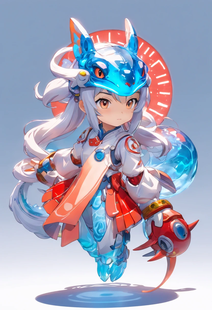ChinesischDrache, (Blind Box Spielzeug Stil:1.2), (full-body shot) , 1 Transparent Girl,Hinter ihm steht ein durchsichtiger chinesischer Drache, Transparenter Mech, Exquisiter Helm:1.2, Leuchtende Brille:1.2, Cyberpunk, Dreamy glow, leuchtende Neonlichter, sauber, white background, ( Globale Beleuchtung, Rochen-Traching, HDR, Unwirkliches Rendern,Reasonable design, Hohe Detailgenauigkeit, Meisterwerk, best quality, hyper HD, Filmische Beleuchtung)